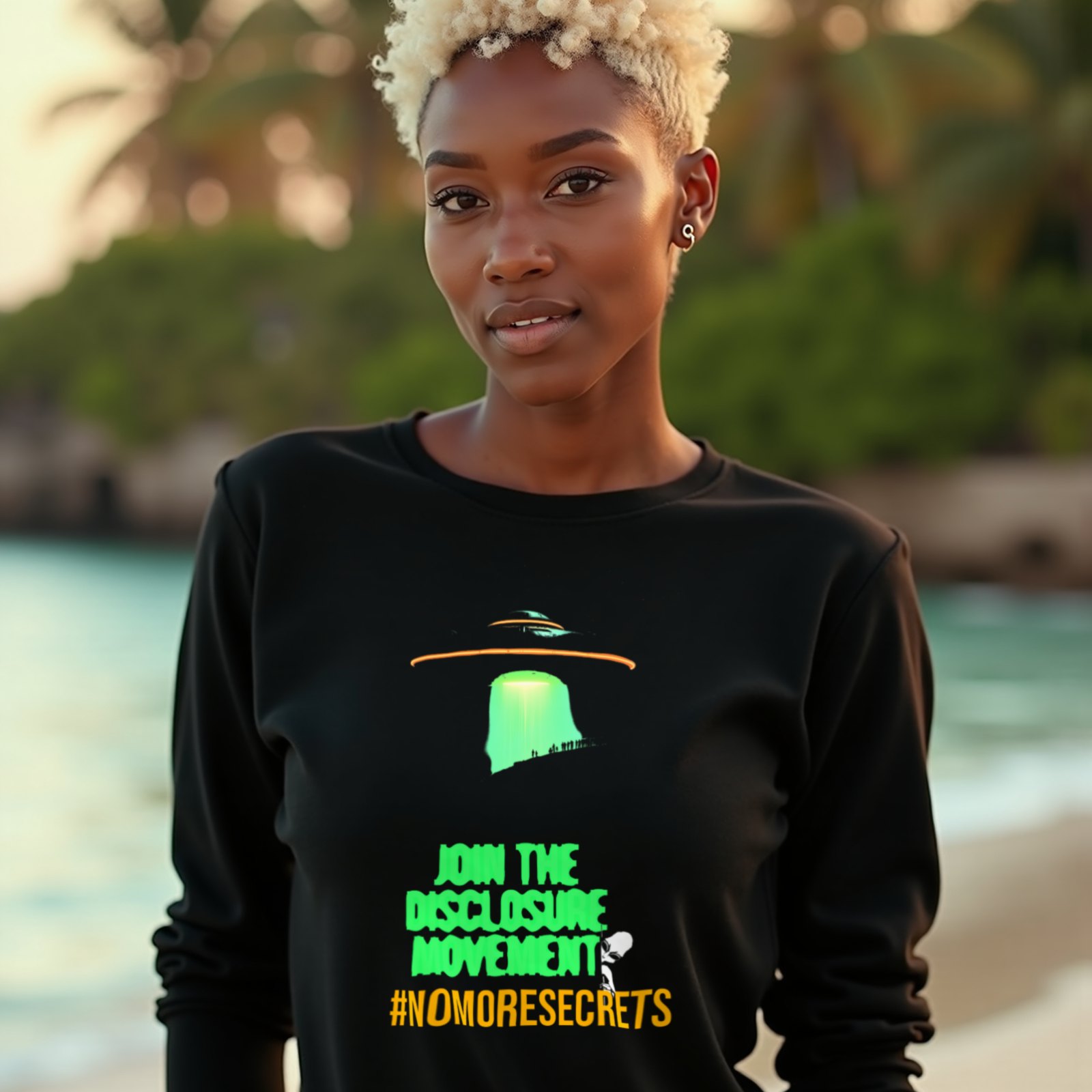 Join the Disclosure Movement long-sleeve T-shirt in Black, worn by a model (on a tropical beach at golden hour). AI-generated image: model and scene are AI-generated; the print is the real artwork.