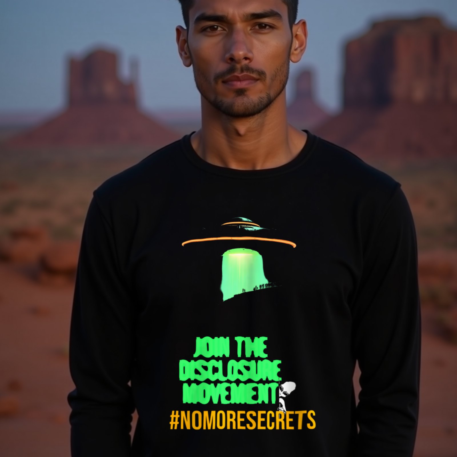 Join the Disclosure Movement long-sleeve T-shirt in Black, worn by a model (in Monument Valley at dusk). AI-generated image: model and scene are AI-generated; the print is the real artwork.