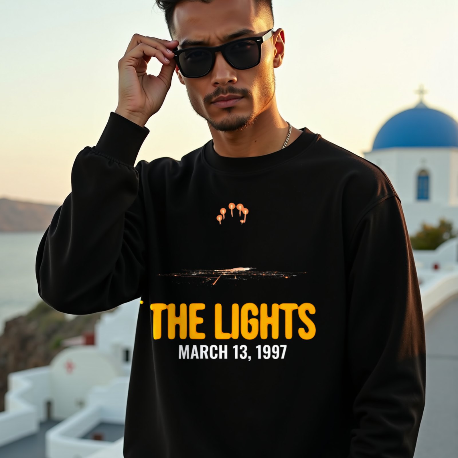 Lights Over the Desert 1997 crewneck sweatshirt in Black, worn by a model (on a whitewashed Santorini terrace at golden hour). AI-generated image: model and scene are AI-generated; the print is the real artwork.