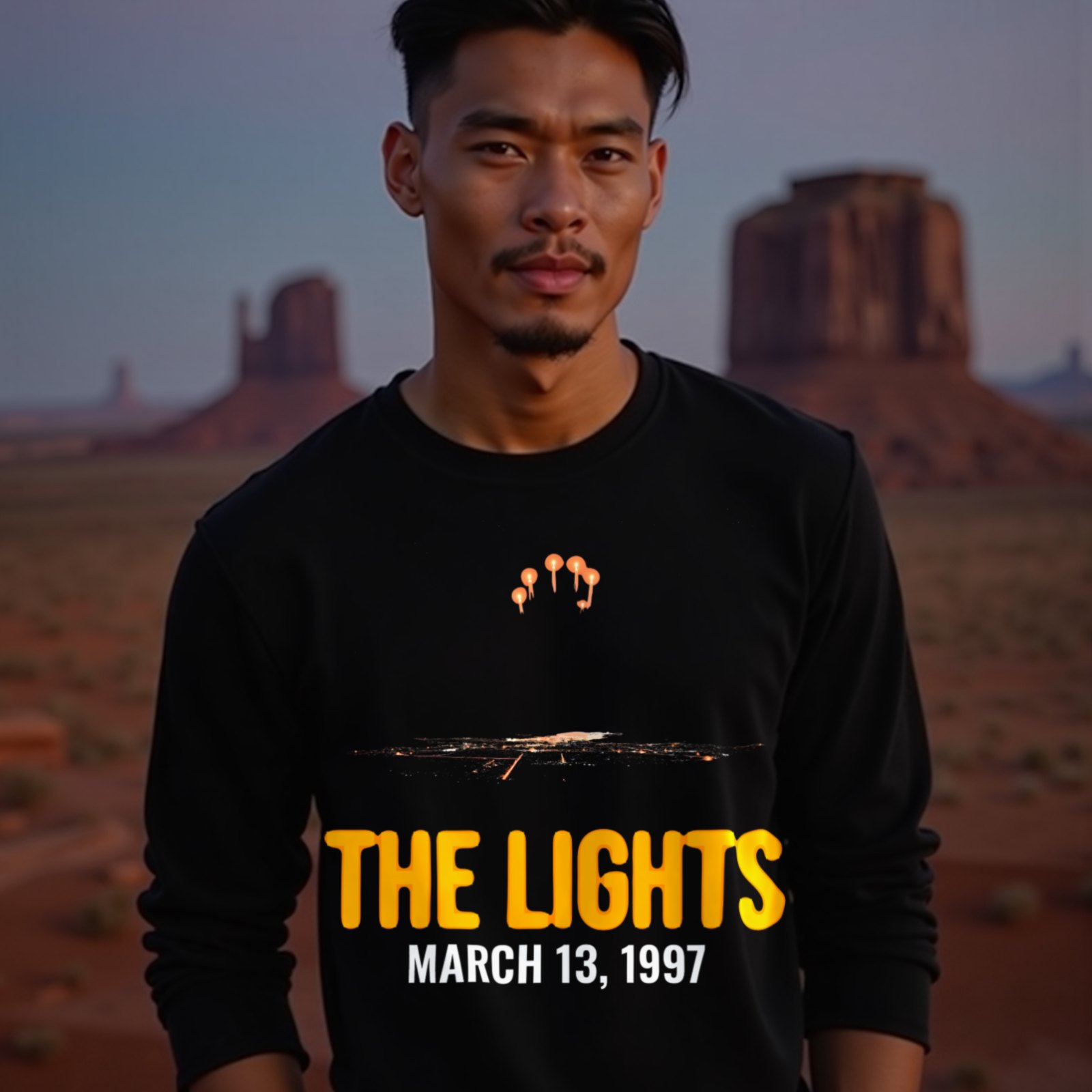 Lights Over the Desert 1997 long-sleeve T-shirt in Black, worn by a model (in Monument Valley at dusk). AI-generated image: model and scene are AI-generated; the print is the real artwork.