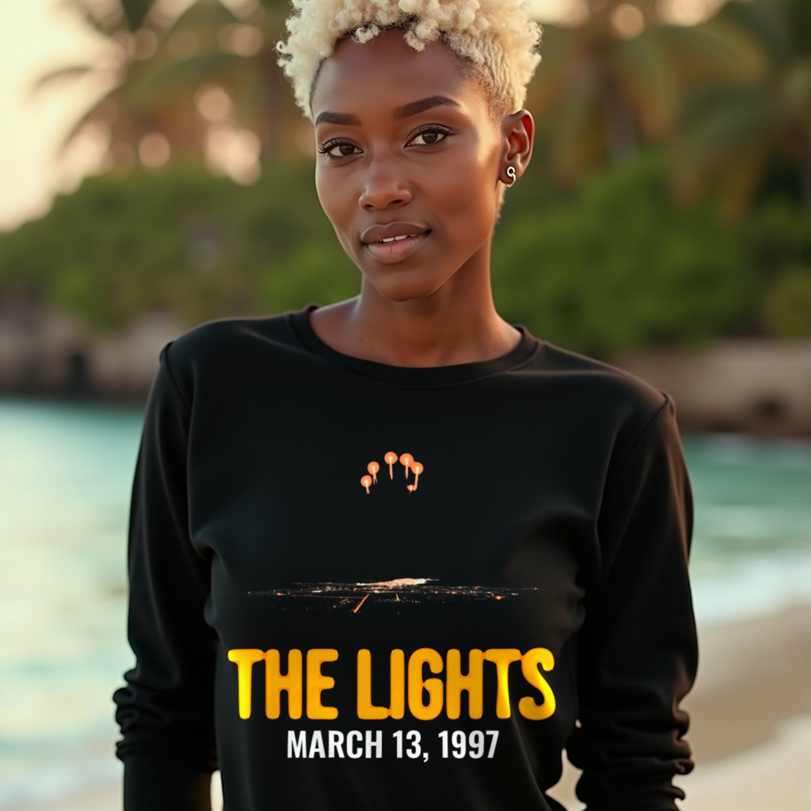 Lights Over the Desert 1997 long-sleeve T-shirt in Black, worn by a model (on a tropical beach at golden hour). AI-generated image: model and scene are AI-generated; the print is the real artwork.