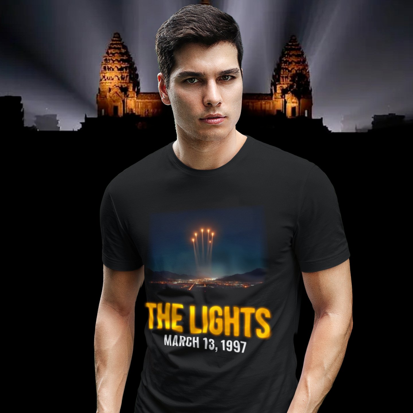 Lights Over the Desert 1997 T-shirt in Black, front print, worn by a model (Angkor temple light beams). AI-edited photo: the real print artwork was digitally placed on a model photo.
