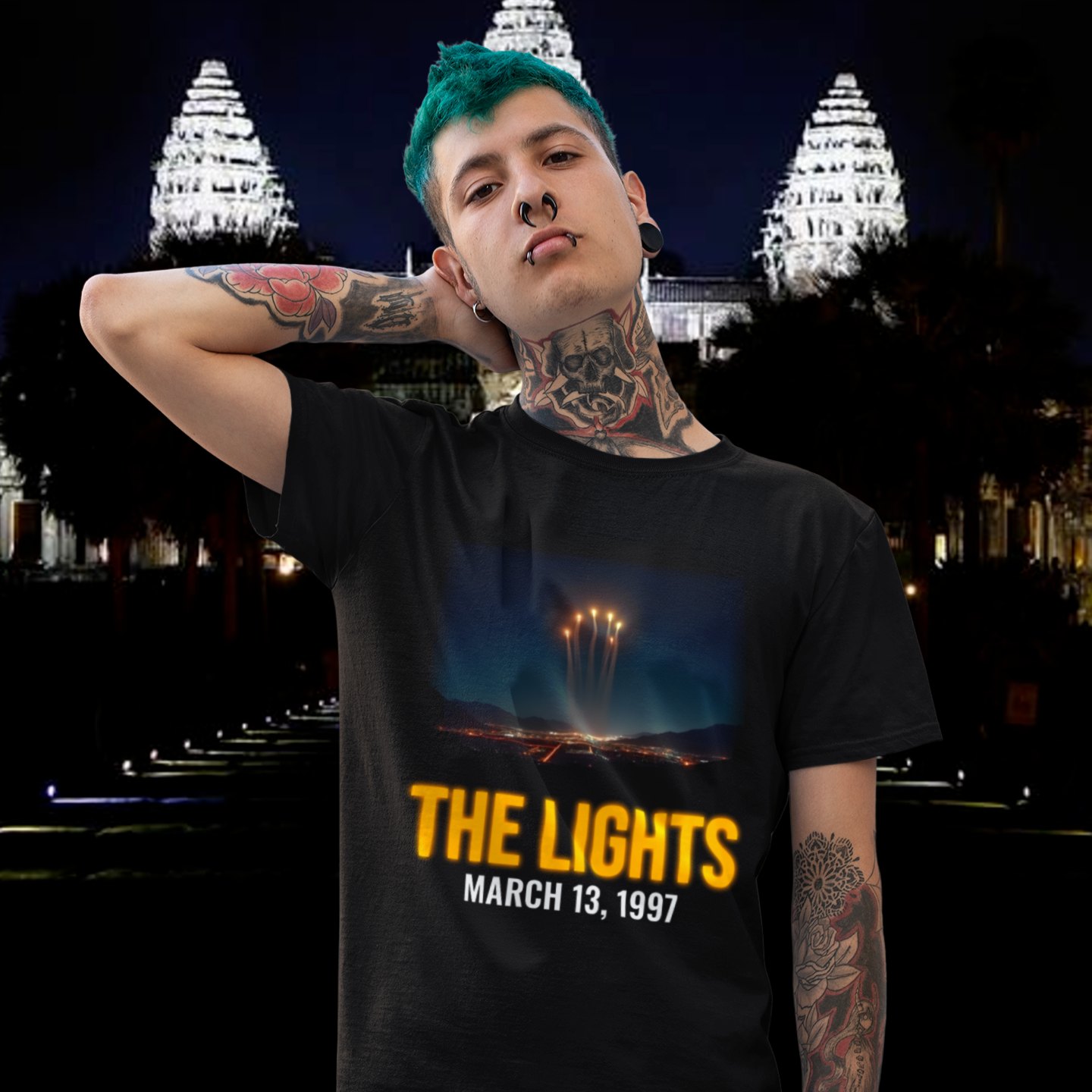 Lights Over the Desert 1997 T-shirt in Black, front print, worn by a model (temple at night). AI-edited photo: the real print artwork was digitally placed on a model photo.