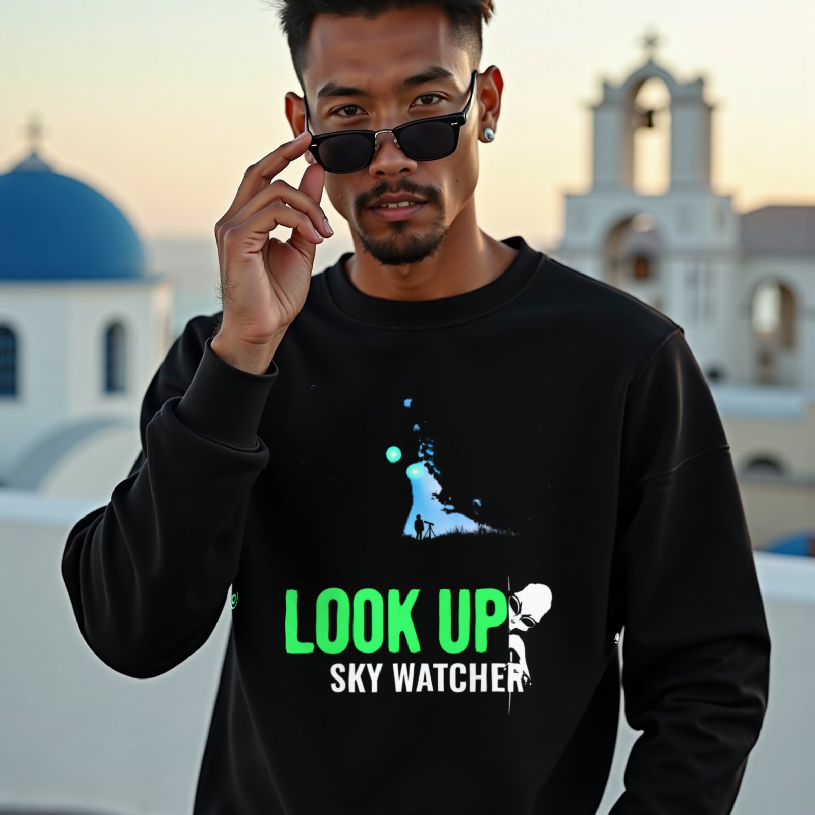 Look Up Sky Watcher crewneck sweatshirt in Black, worn by a model (on a whitewashed Santorini terrace at golden hour). AI-generated image: model and scene are AI-generated; the print is the real artwork.