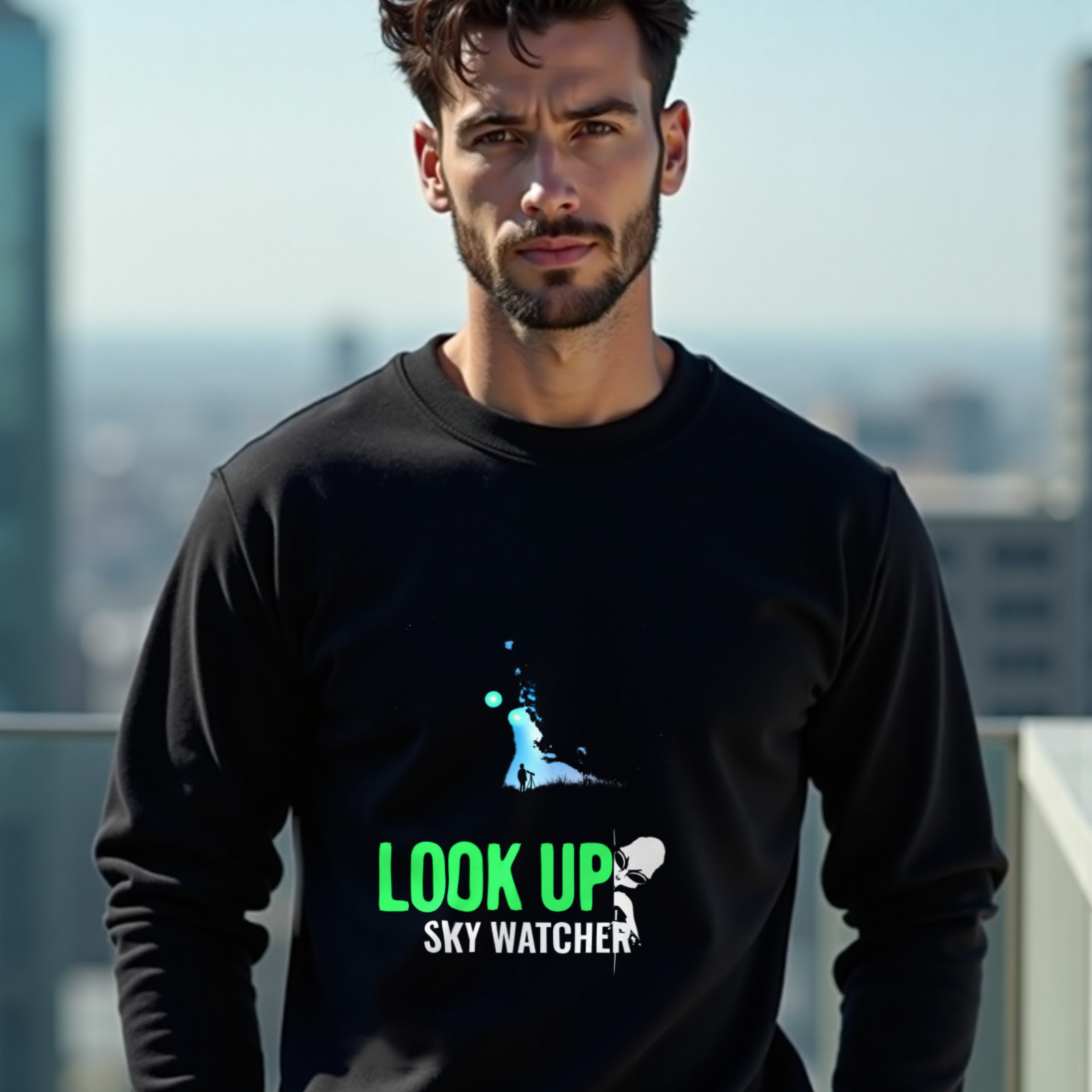 Look Up Sky Watcher crewneck sweatshirt in Black, worn by a model (on a rooftop terrace above a modern city skyline on a clear day). AI-generated image: model and scene are AI-generated; the print is the real artwork.