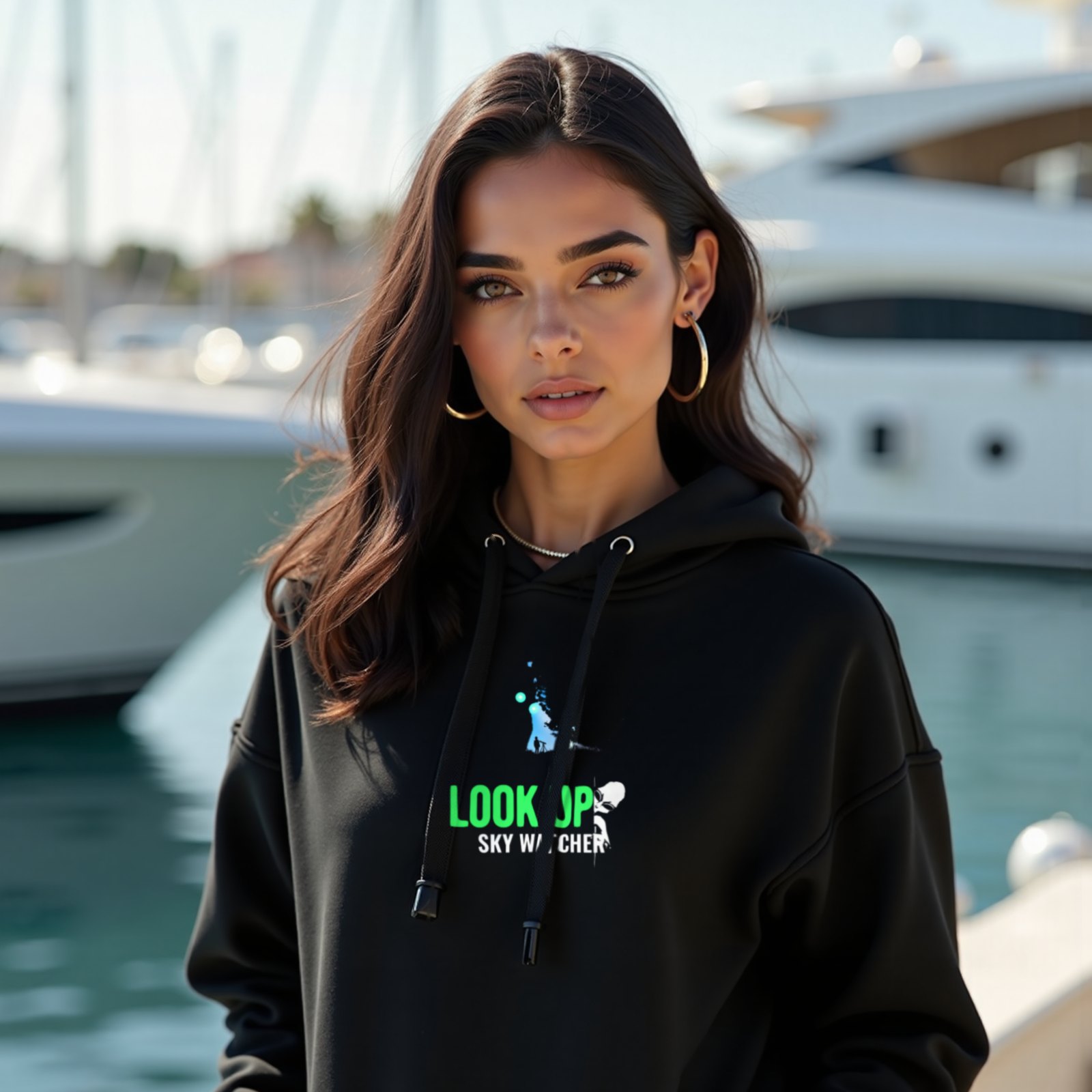 Look Up Sky Watcher hoodie in Black, worn by a model (on the teak deck of a sleek yacht in a sunlit Mediterranean marina). AI-generated image: model and scene are AI-generated; the print is the real artwork.