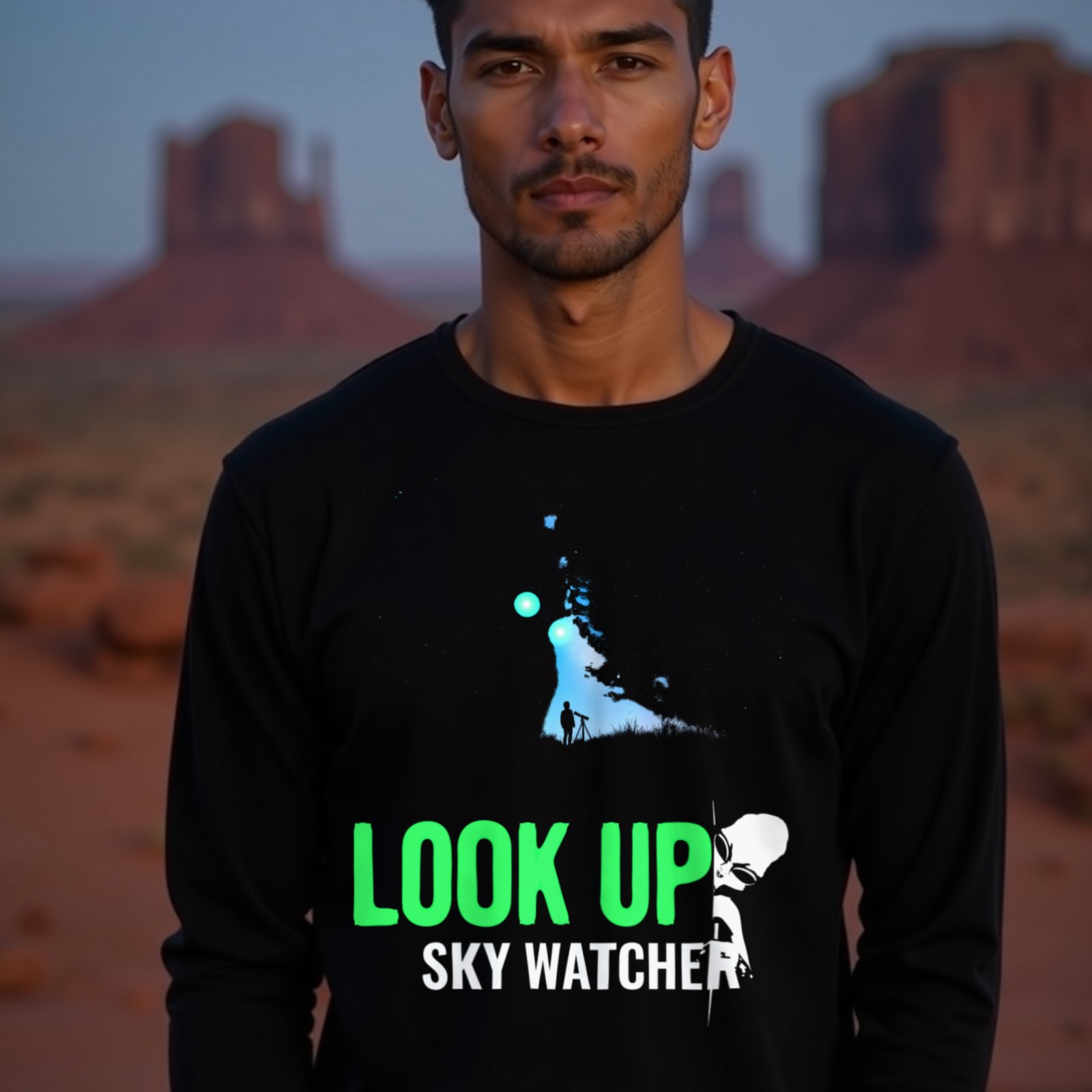 Look Up Sky Watcher long-sleeve T-shirt in Black, worn by a model (in Monument Valley at dusk). AI-generated image: model and scene are AI-generated; the print is the real artwork.
