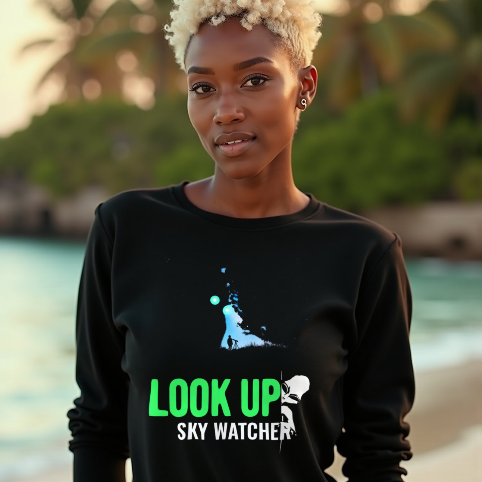 Look Up Sky Watcher long-sleeve T-shirt in Black, worn by a model (on a tropical beach at golden hour). AI-generated image: model and scene are AI-generated; the print is the real artwork.