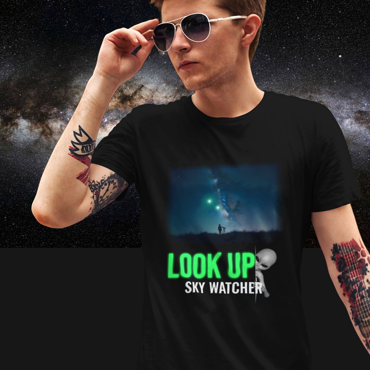 Look Up Sky Watcher T-shirt in Black, front print, worn by a model (Milky Way night). AI-edited photo: the real print artwork was digitally placed on a model photo.