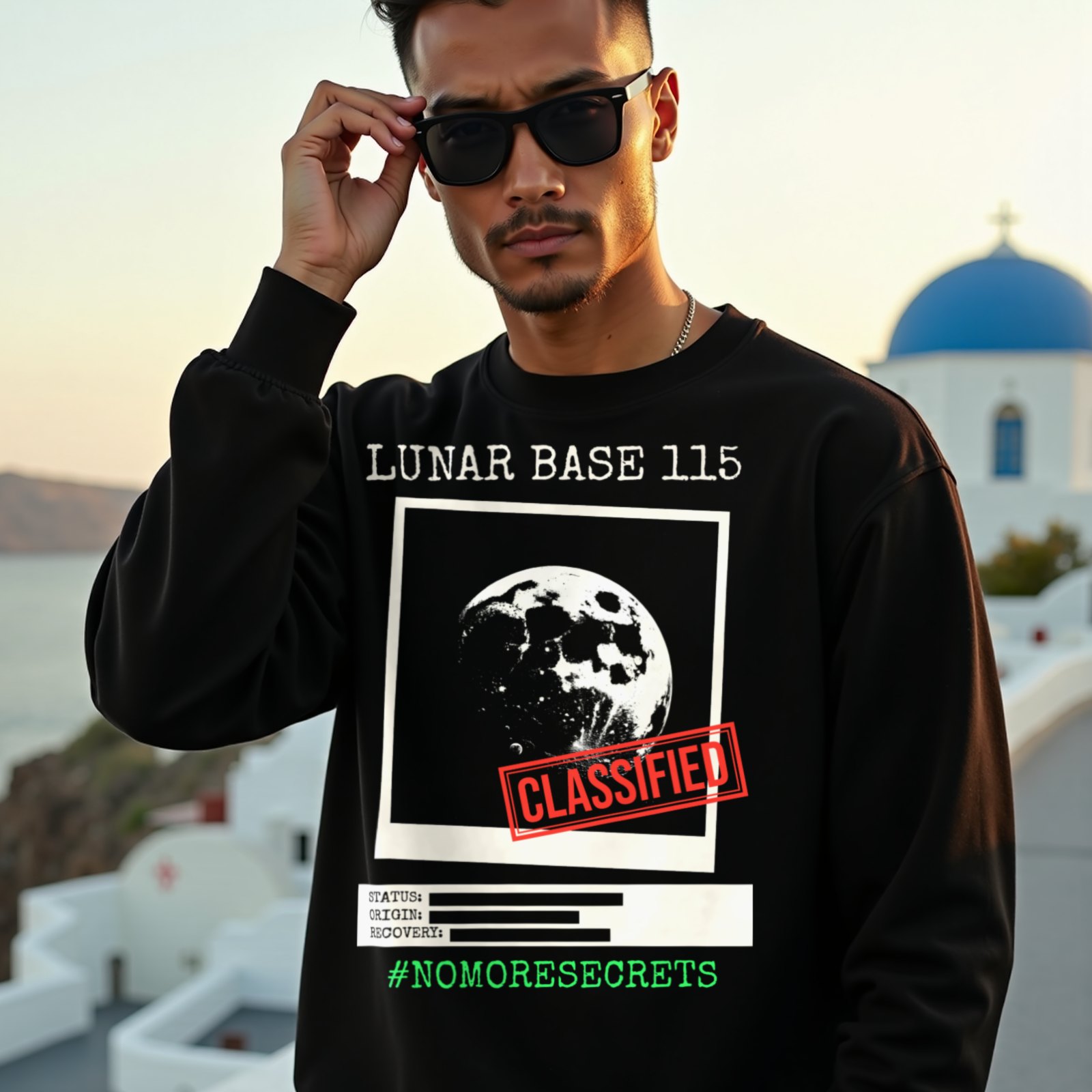 Lunar Base 115 Classified crewneck sweatshirt in Black, worn by a model (on a whitewashed Santorini terrace at golden hour). AI-generated image: model and scene are AI-generated; the print is the real artwork.