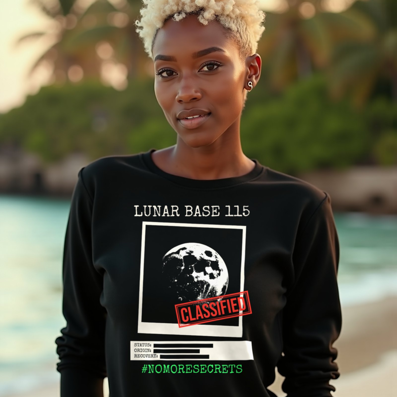 Lunar Base 115 Classified long-sleeve T-shirt in Black, worn by a model (on a tropical beach at golden hour). AI-generated image: model and scene are AI-generated; the print is the real artwork.