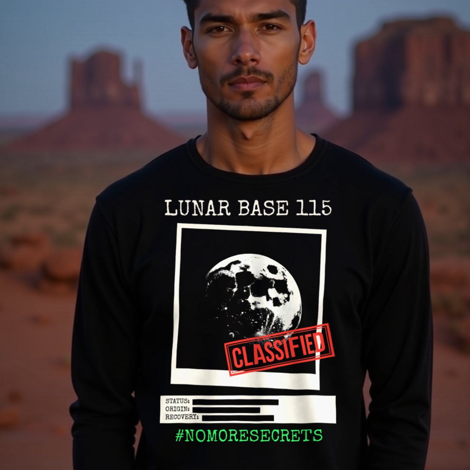 Lunar Base 115 Classified long-sleeve T-shirt in Black, worn by a model (in Monument Valley at dusk). AI-generated image: model and scene are AI-generated; the print is the real artwork.