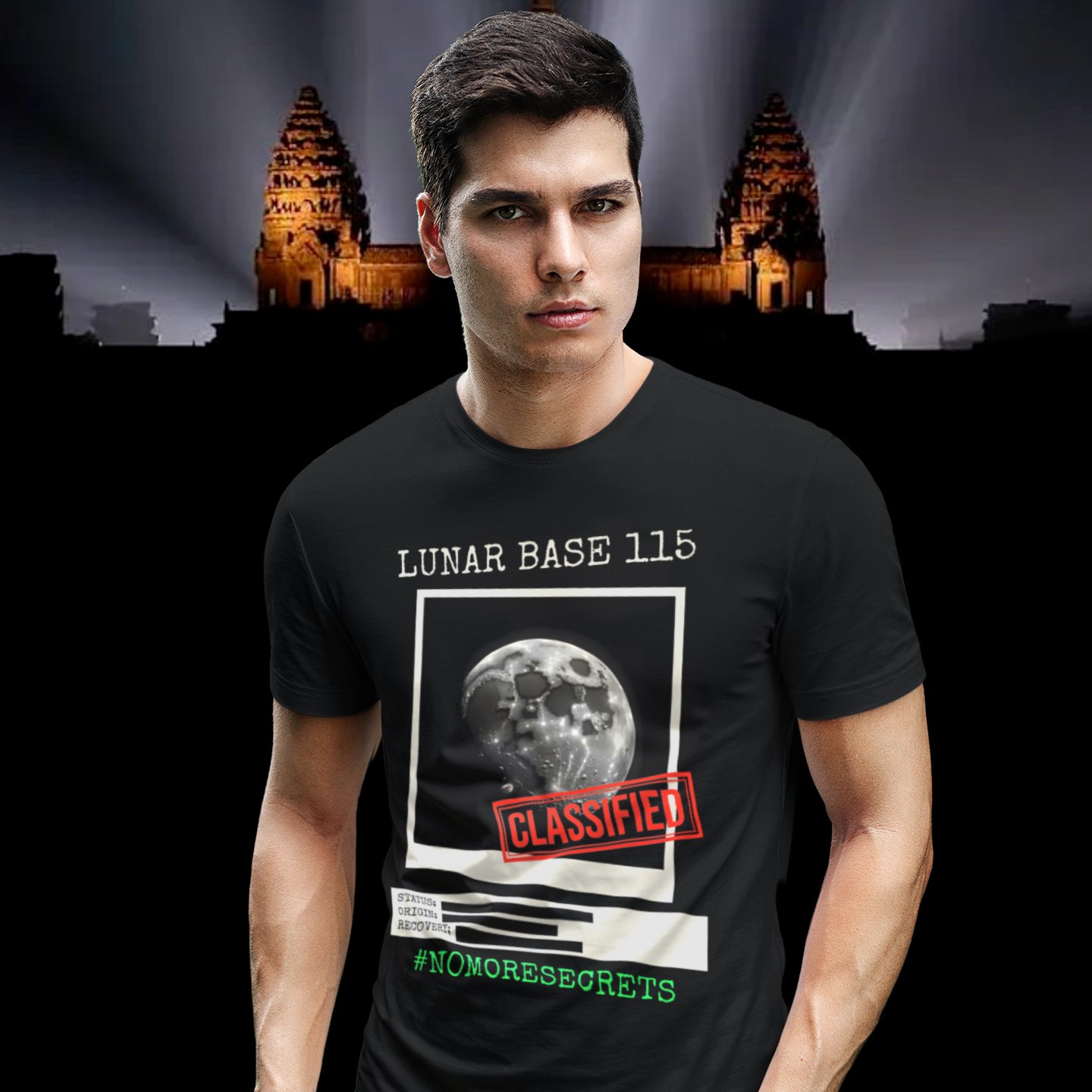 Lunar Base 115 Classified T-shirt in Black, front print, worn by a model (Angkor temple light beams). AI-edited photo: the real print artwork was digitally placed on a model photo.