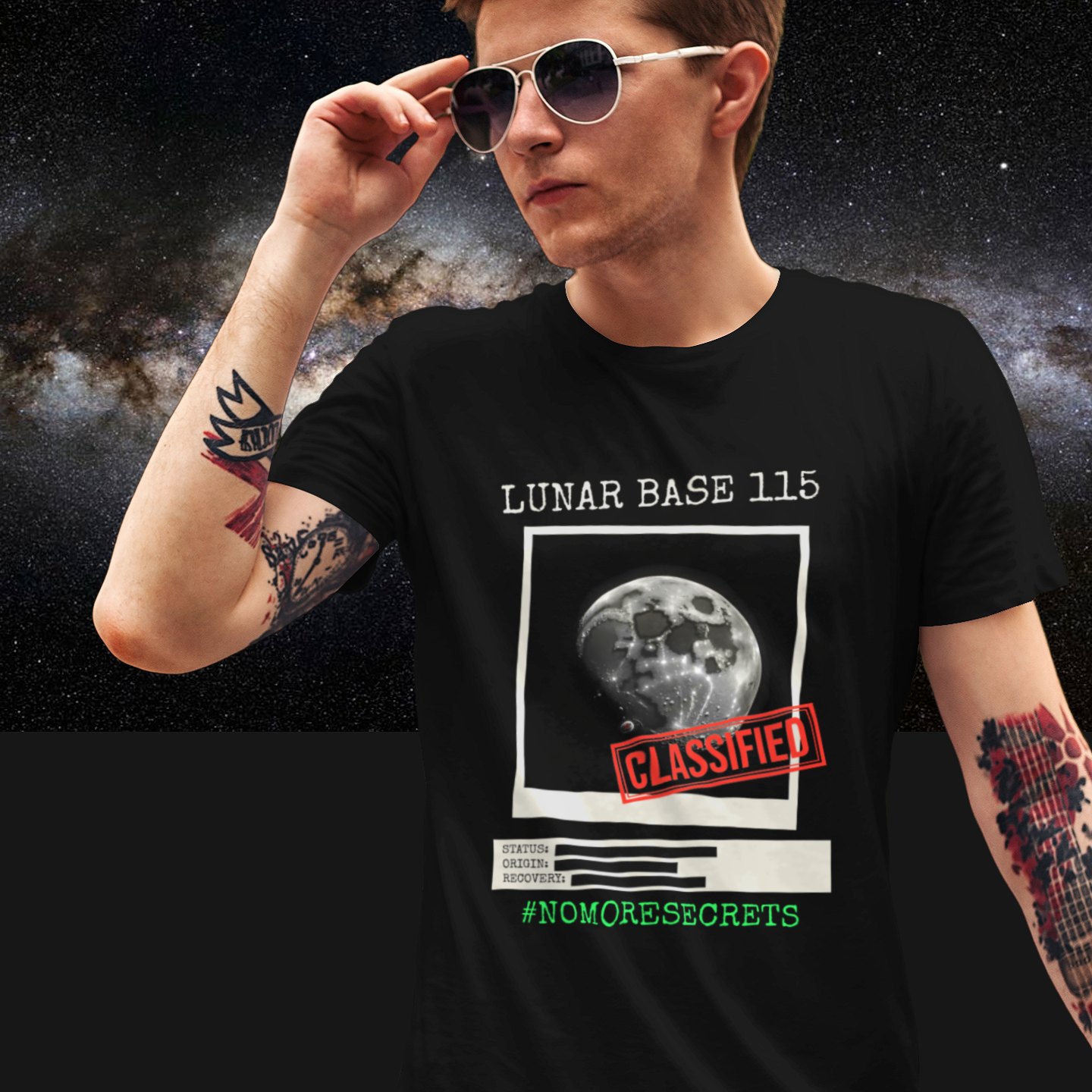 Lunar Base 115 Classified T-shirt in Black, front print, worn by a model (Milky Way night). AI-edited photo: the real print artwork was digitally placed on a model photo.