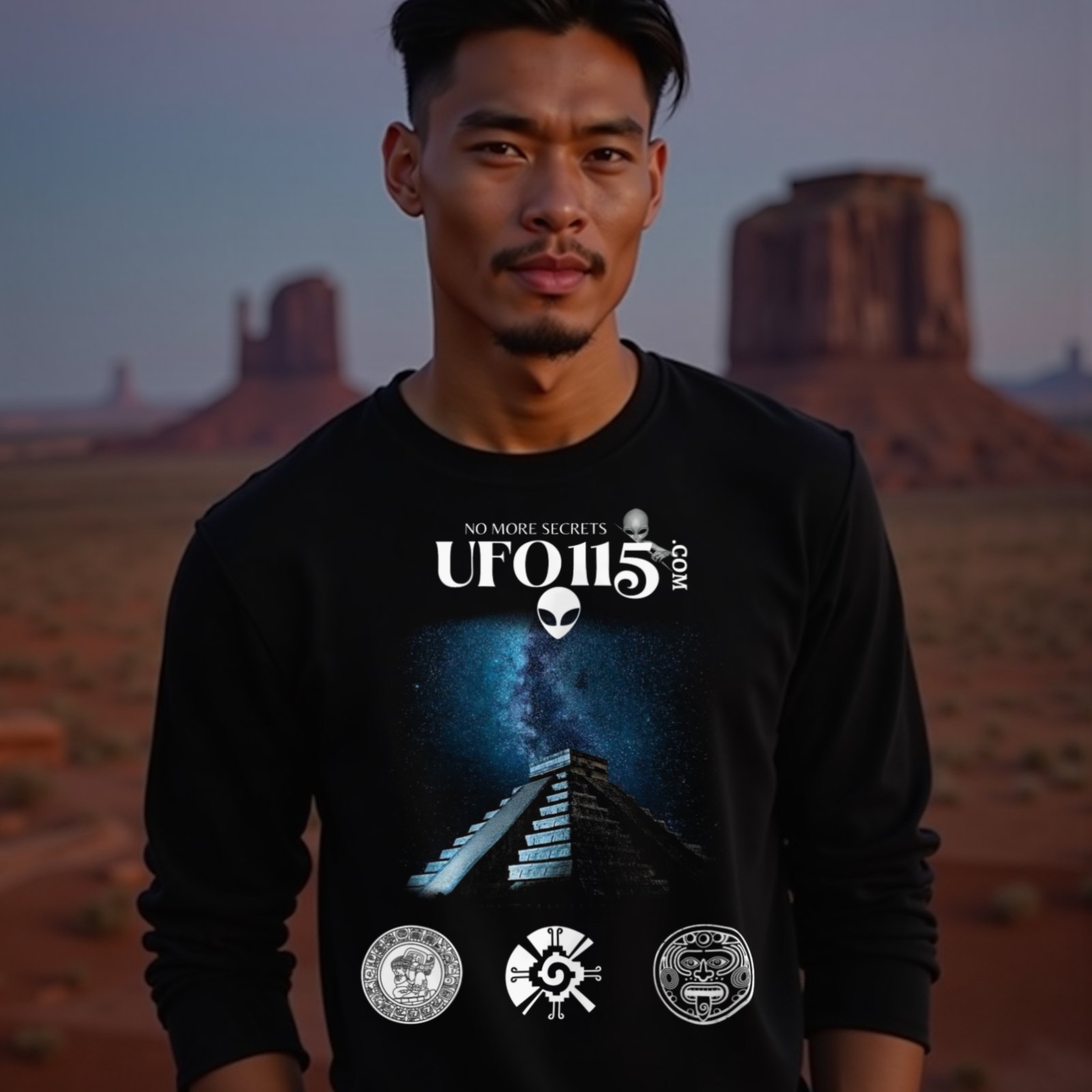 Mayan Pyramid Milky Way long-sleeve T-shirt in Black, worn by a model (in Monument Valley at dusk). AI-generated image: model and scene are AI-generated; the print is the real artwork.