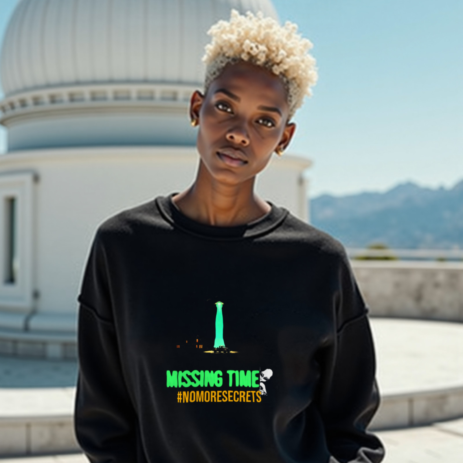 Missing Time crewneck sweatshirt in Black, worn by a model (on the white stone terrace of a mountain-top observatory on a bright clear day). AI-generated image: model and scene are AI-generated; the print is the real artwork.