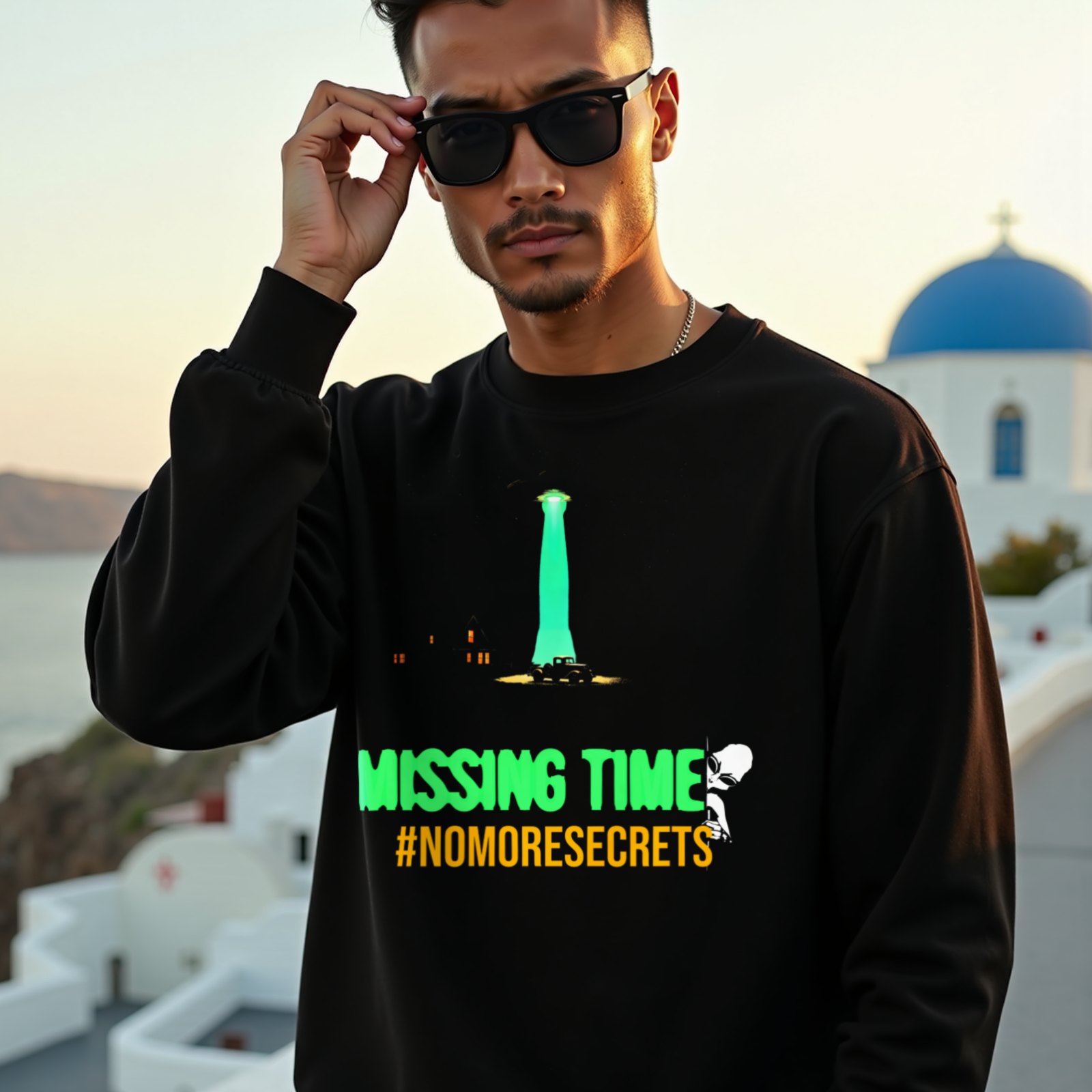 Missing Time crewneck sweatshirt in Black, worn by a model (on a whitewashed Santorini terrace at golden hour). AI-generated image: model and scene are AI-generated; the print is the real artwork.