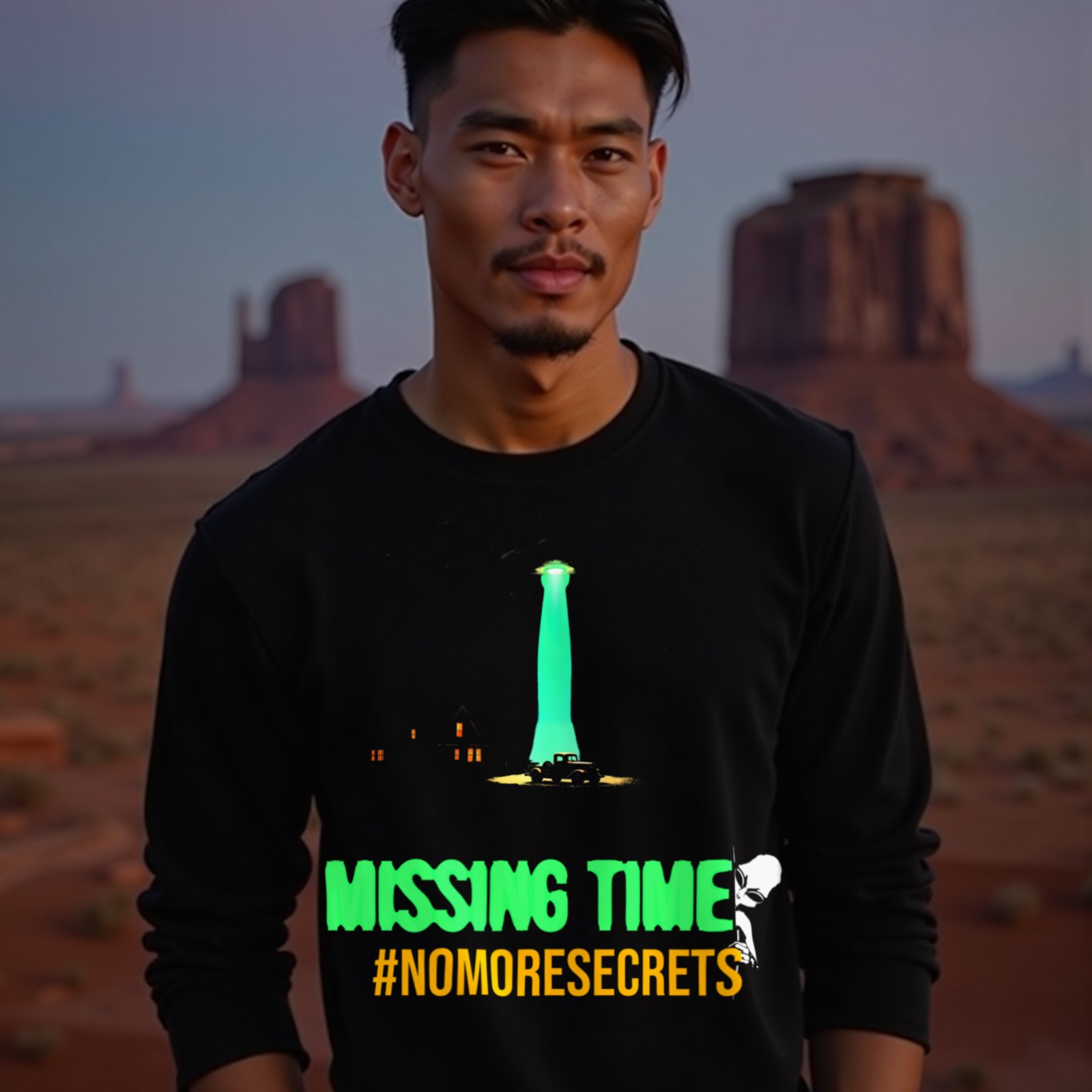 Missing Time long-sleeve T-shirt in Black, worn by a model (in Monument Valley at dusk). AI-generated image: model and scene are AI-generated; the print is the real artwork.