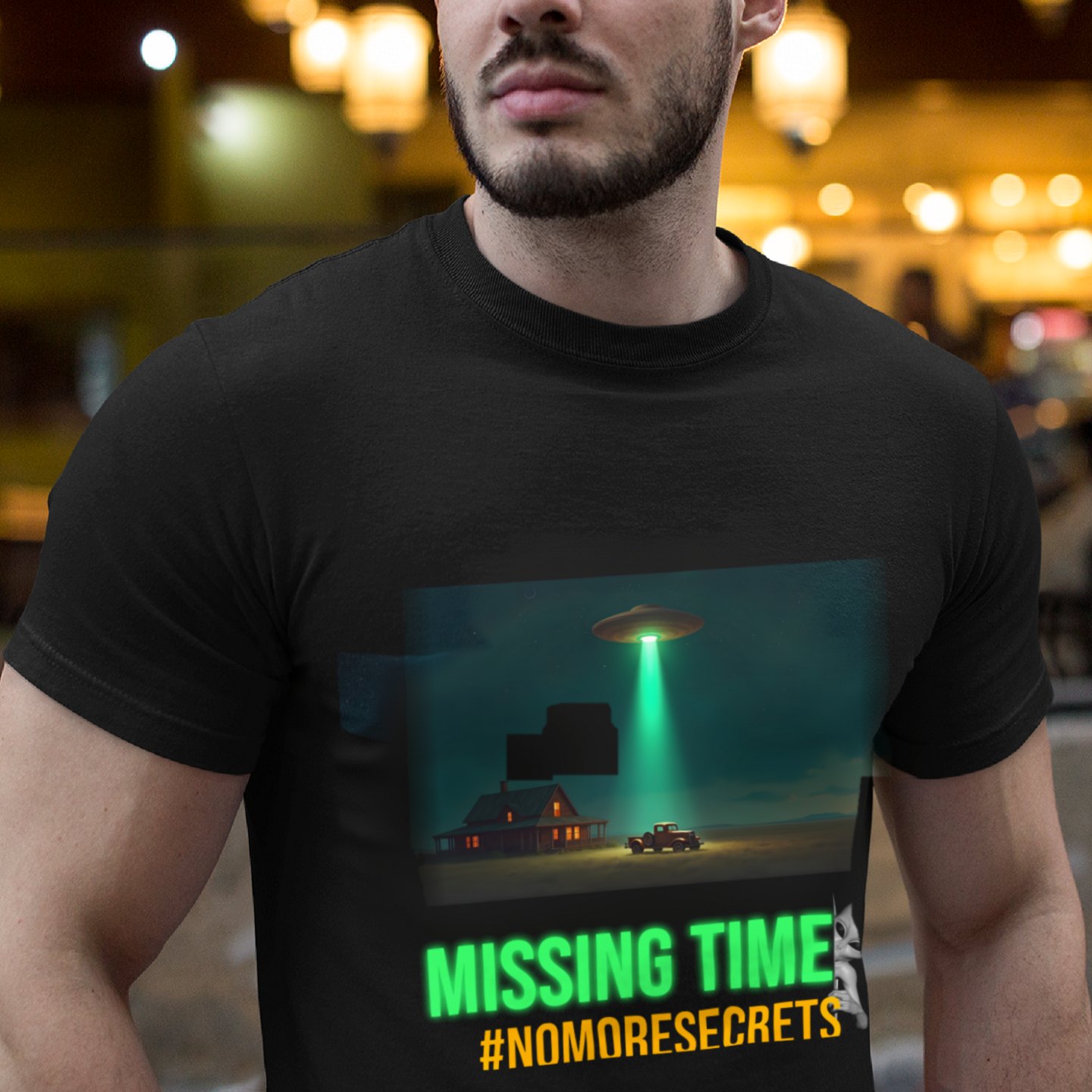Missing Time T-shirt in Black, front print, worn by a model (bar lights, evening). AI-edited photo: the real print artwork was digitally placed on a model photo.