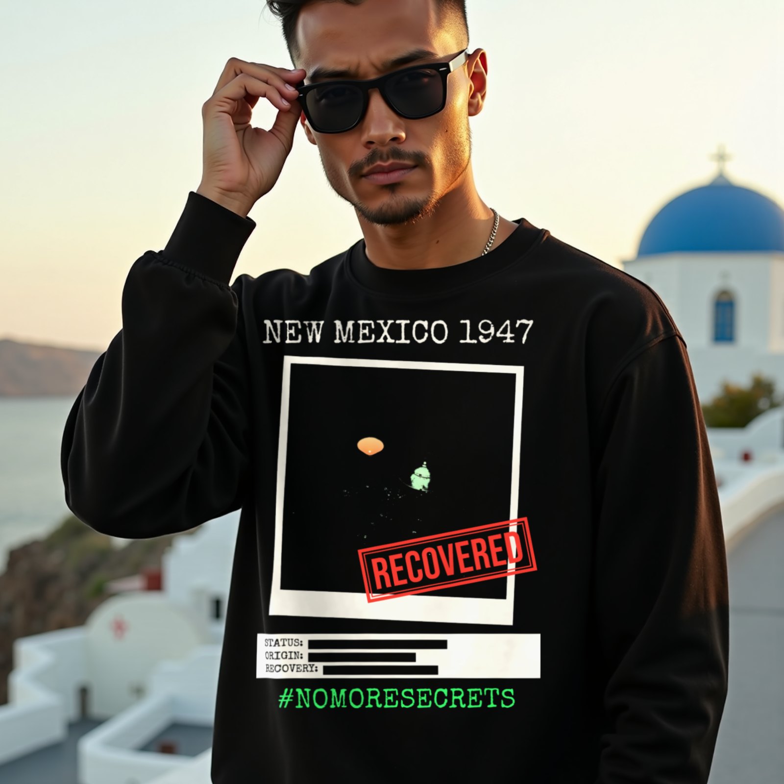 New Mexico 1947 Disc Recovered crewneck sweatshirt in Black, worn by a model (on a whitewashed Santorini terrace at golden hour). AI-generated image: model and scene are AI-generated; the print is the real artwork.