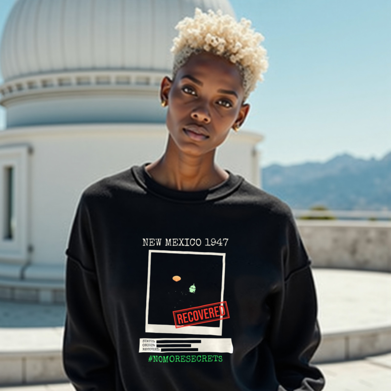 New Mexico 1947 Disc Recovered crewneck sweatshirt in Black, worn by a model (on the white stone terrace of a mountain-top observatory on a bright clear day). AI-generated image: model and scene are AI-generated; the print is the real artwork.