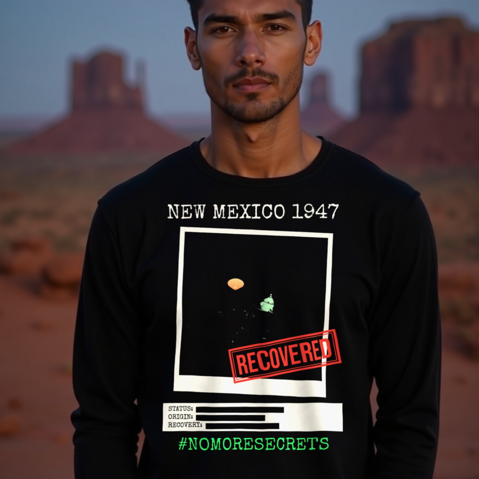 New Mexico 1947 Disc Recovered long-sleeve T-shirt in Black, worn by a model (in Monument Valley at dusk). AI-generated image: model and scene are AI-generated; the print is the real artwork.