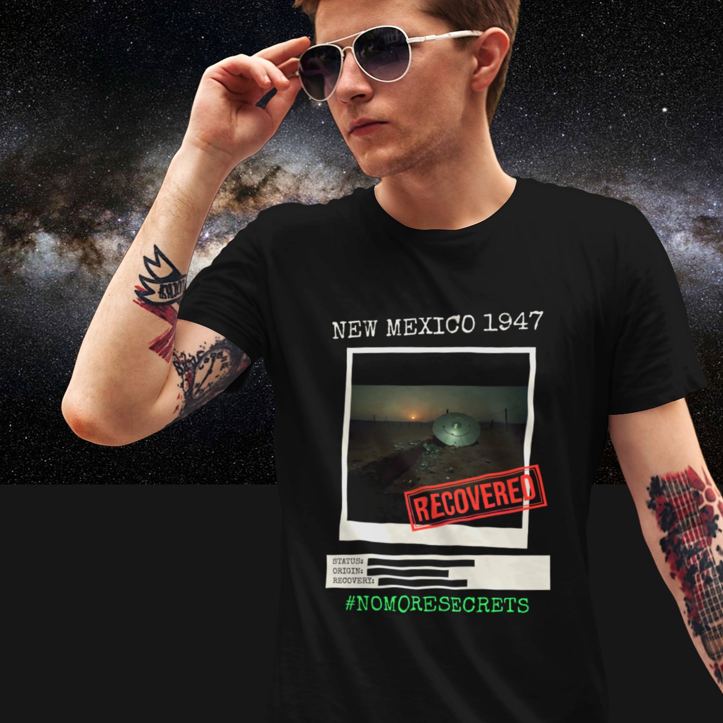 New Mexico 1947 Disc Recovered T-shirt in Black, front print, worn by a model (Milky Way night). AI-edited photo: the real print artwork was digitally placed on a model photo.