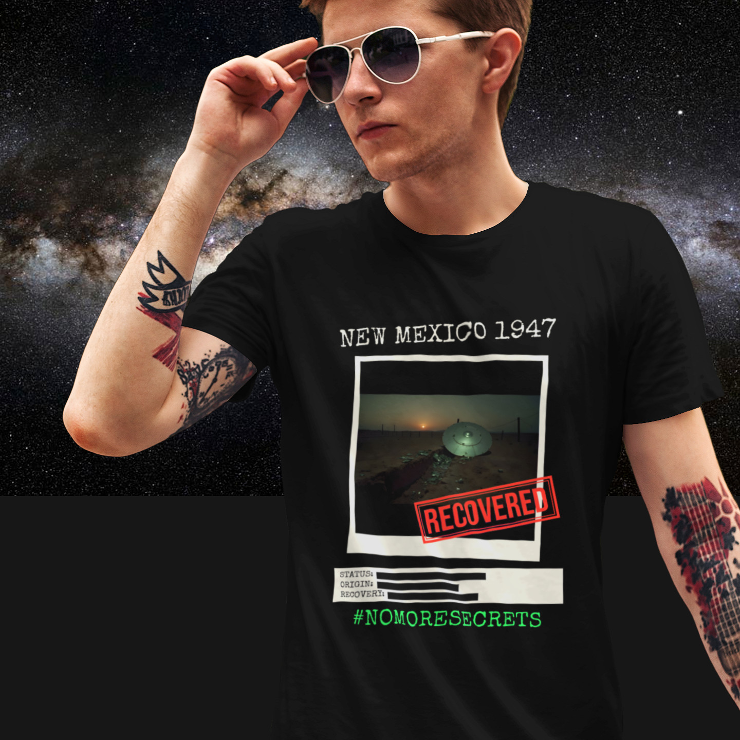 New Mexico 1947 Disc Recovered T-shirt in Black, front print, worn by a model (Milky Way night). AI-edited photo: the real print artwork was digitally placed on a model photo.
