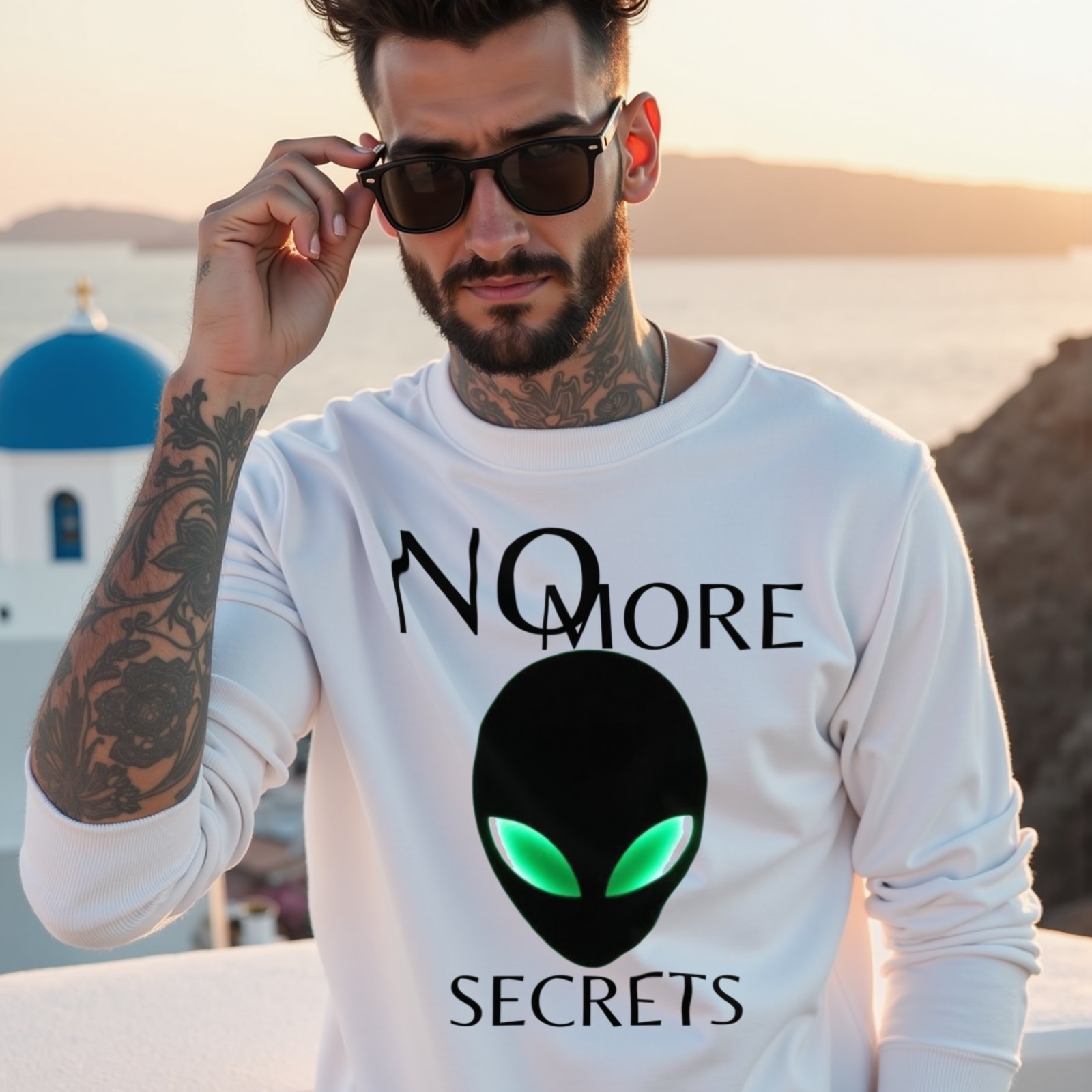 No More Secrets Alien Face crewneck sweatshirt in White, worn by a model (on a whitewashed Santorini terrace at golden hour). AI-generated image: model and scene are AI-generated; the print is the real artwork.