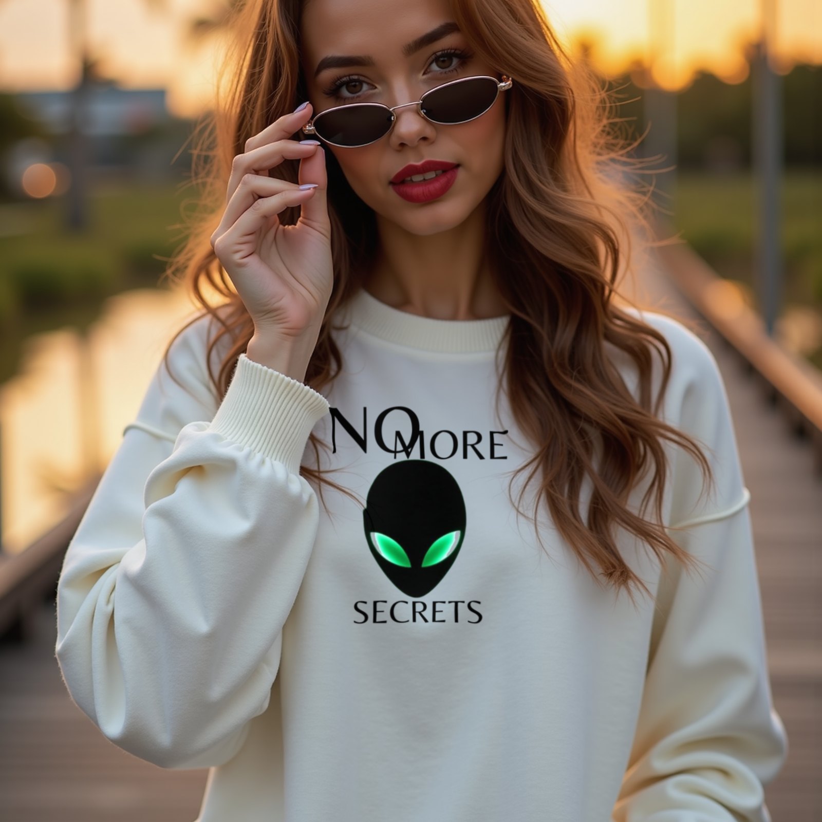 No More Secrets Alien Face crewneck sweatshirt in White, worn by a model (on a wooden boardwalk by a tropical lagoon at sunset). AI-generated image: model and scene are AI-generated; the print is the real artwork.