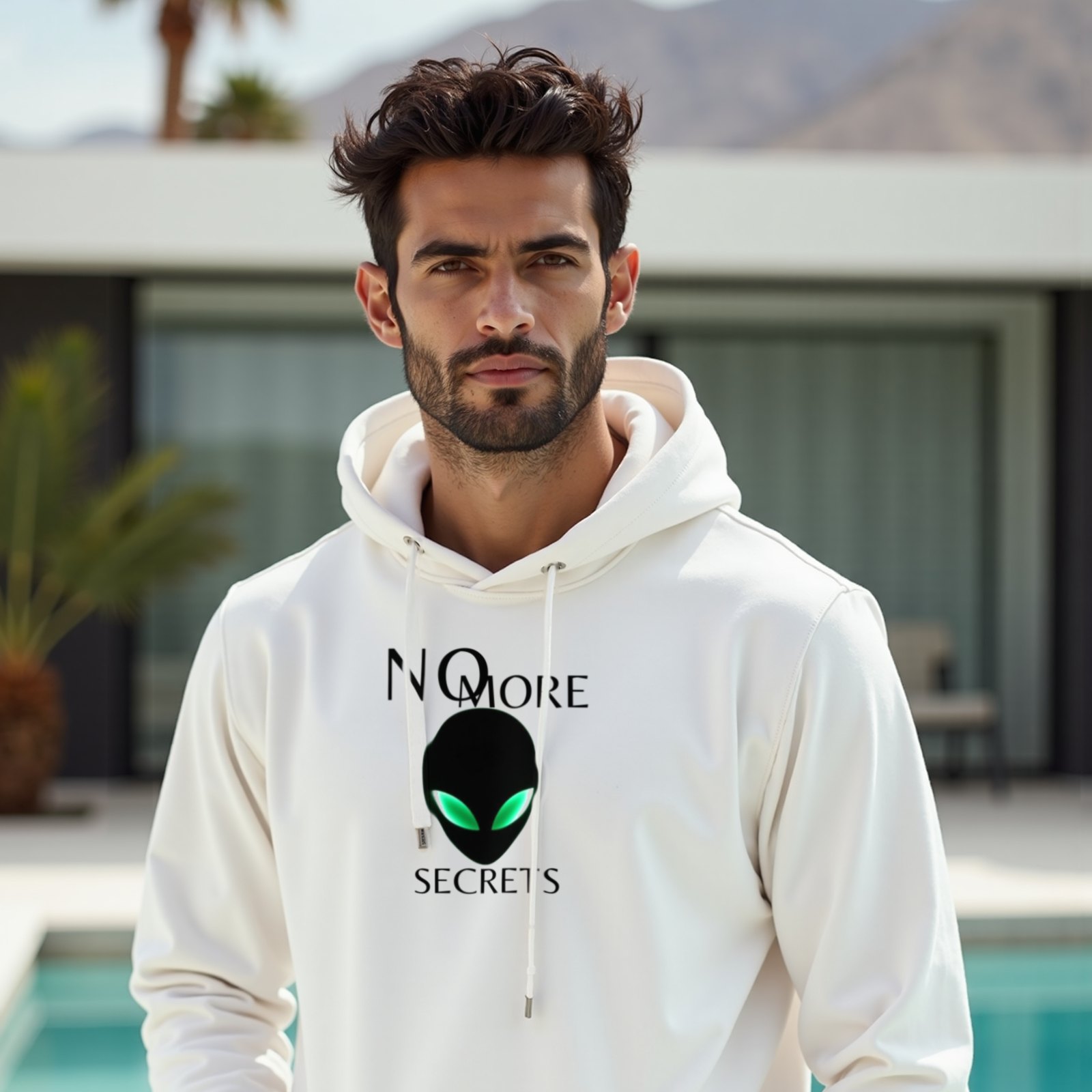 No More Secrets Alien Face hoodie in White, worn by a model (beside a mid-century modern villa pool in Palm Springs). AI-generated image: model and scene are AI-generated; the print is the real artwork.