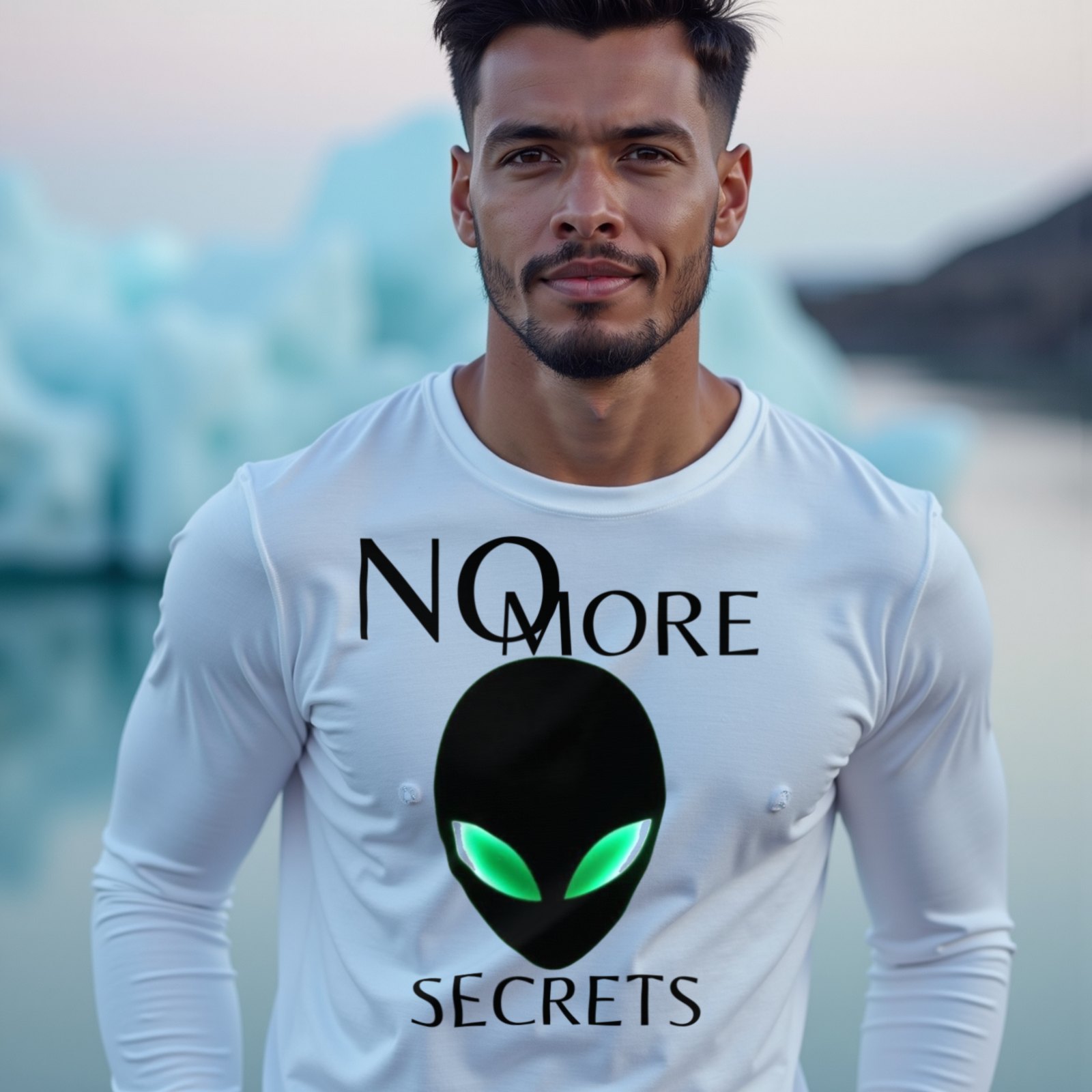 No More Secrets Alien Face long-sleeve T-shirt in White, worn by a model (at the edge of an Icelandic glacier lagoon at blue hour). AI-generated image: model and scene are AI-generated; the print is the real artwork.