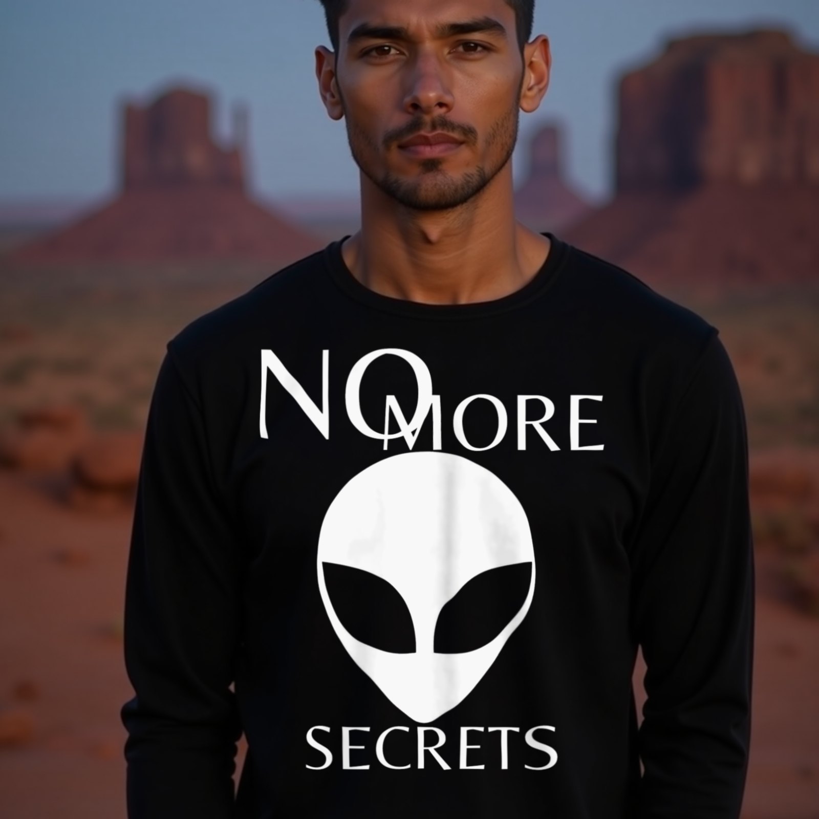 No More Secrets Area 51 long-sleeve T-shirt in Black, worn by a model (in Monument Valley at dusk). AI-generated image: model and scene are AI-generated; the print is the real artwork.