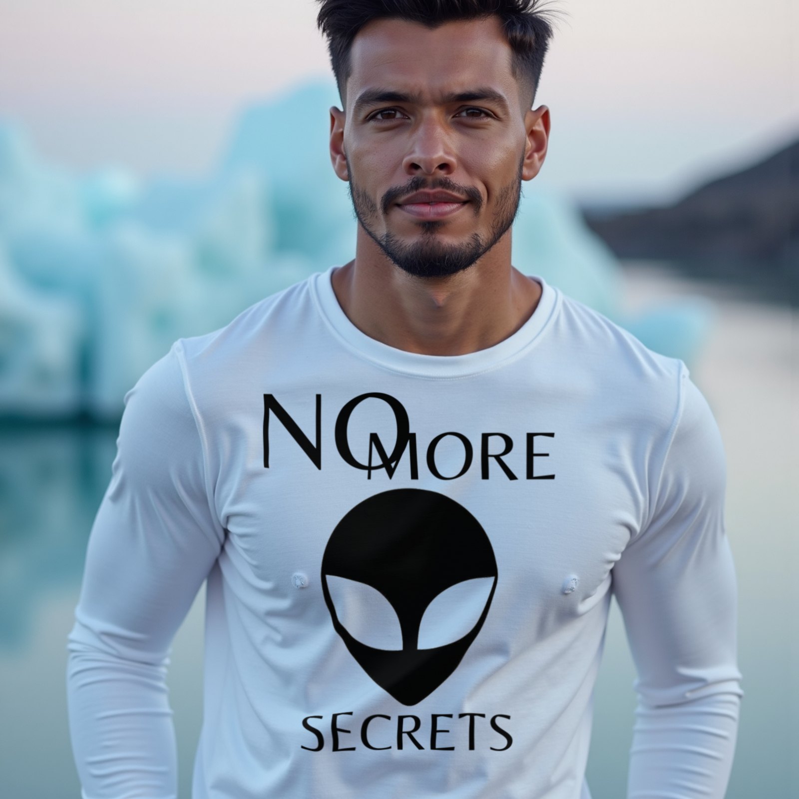 No More Secrets Black Alien Face long-sleeve T-shirt in White, worn by a model (at the edge of an Icelandic glacier lagoon at blue hour). AI-generated image: model and scene are AI-generated; the print is the real artwork.