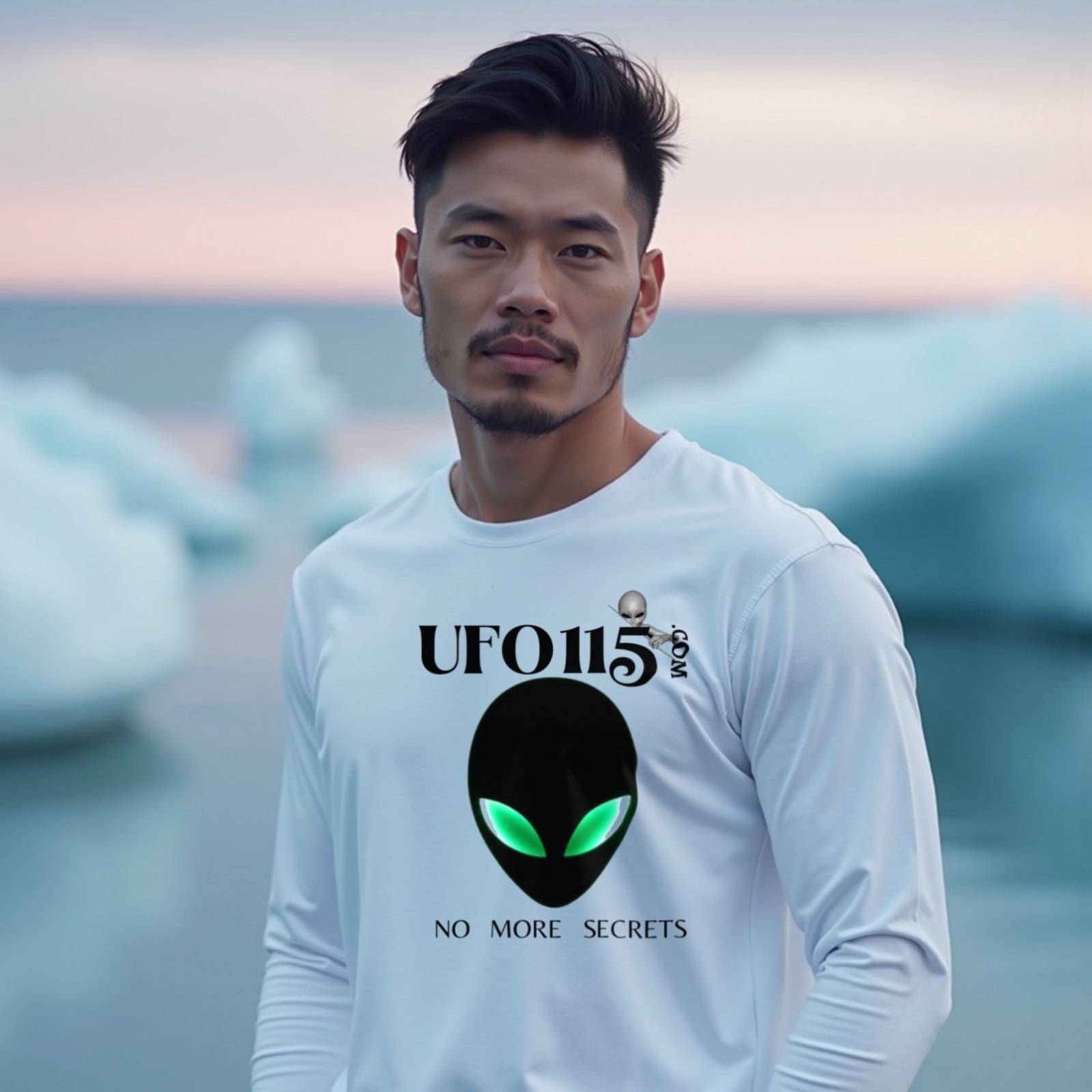 No More Secrets Green Eyes long-sleeve T-shirt in White, worn by a model (at the edge of an Icelandic glacier lagoon at blue hour). AI-generated image: model and scene are AI-generated; the print is the real artwork.