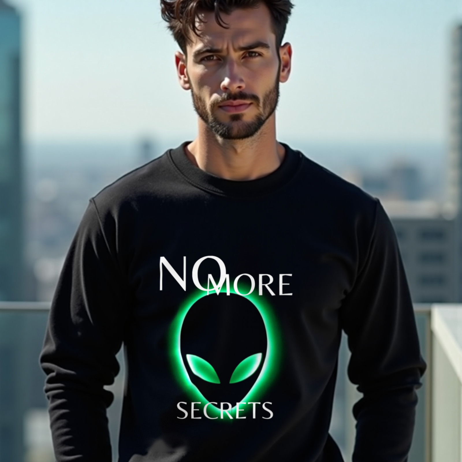 No More Secrets Green Glow Alien Face crewneck sweatshirt in Black, worn by a model (on a rooftop terrace above a modern city skyline on a clear day). AI-generated image: model and scene are AI-generated; the print is the real artwork.