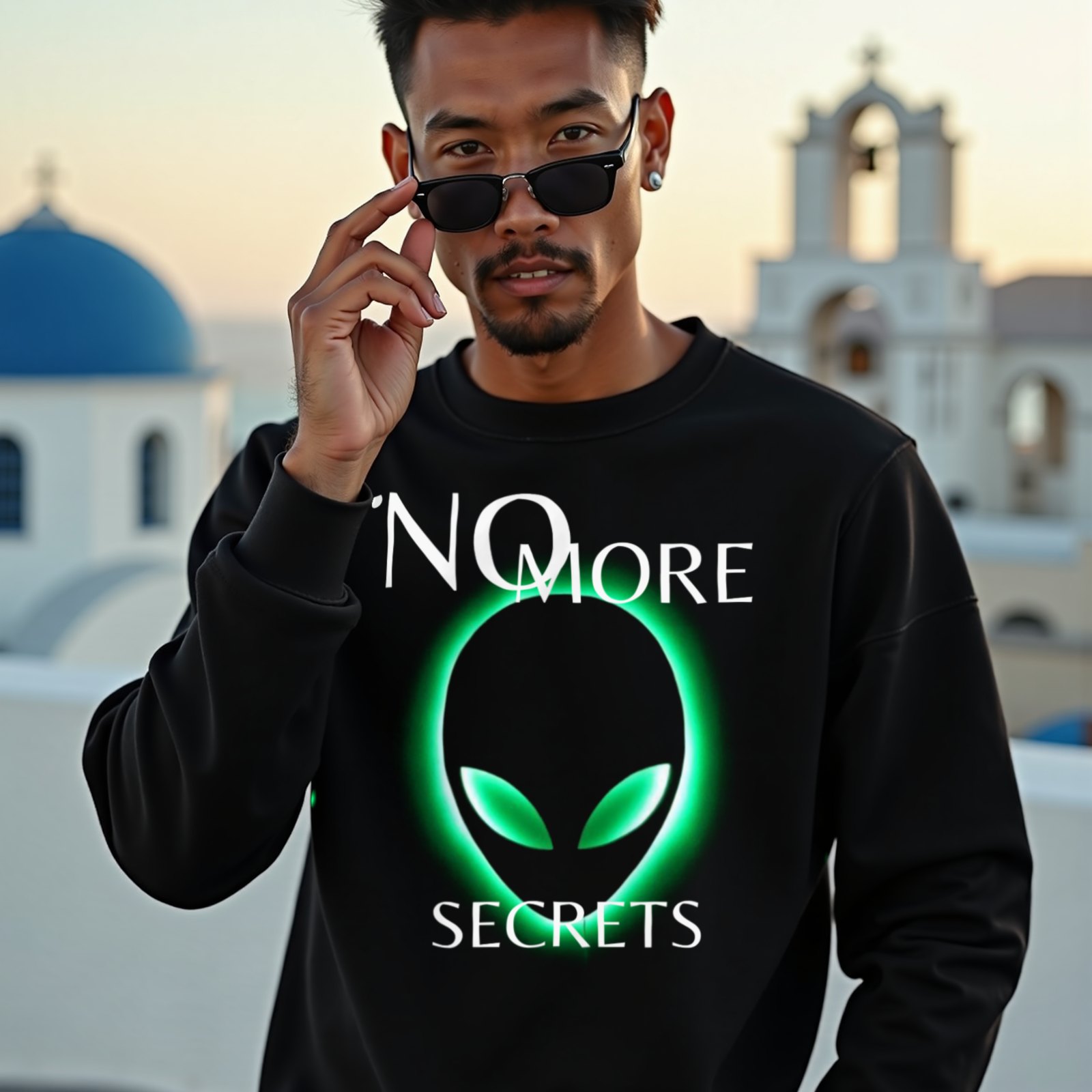 No More Secrets Green Glow Alien Face crewneck sweatshirt in Black, worn by a model (on a whitewashed Santorini terrace at golden hour). AI-generated image: model and scene are AI-generated; the print is the real artwork.