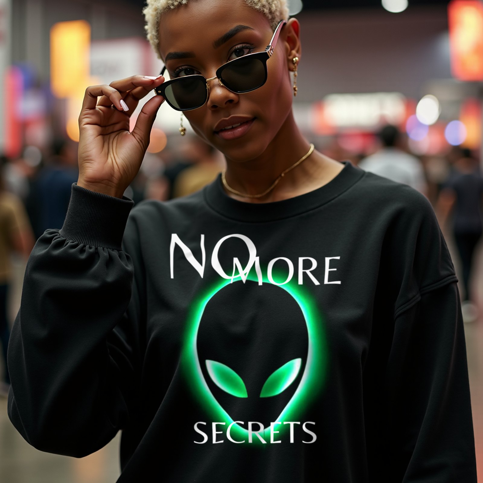 No More Secrets Green Glow Alien Face crewneck sweatshirt in Black, worn by a model (in a busy science-fiction fan convention hall). AI-generated image: model and scene are AI-generated; the print is the real artwork.