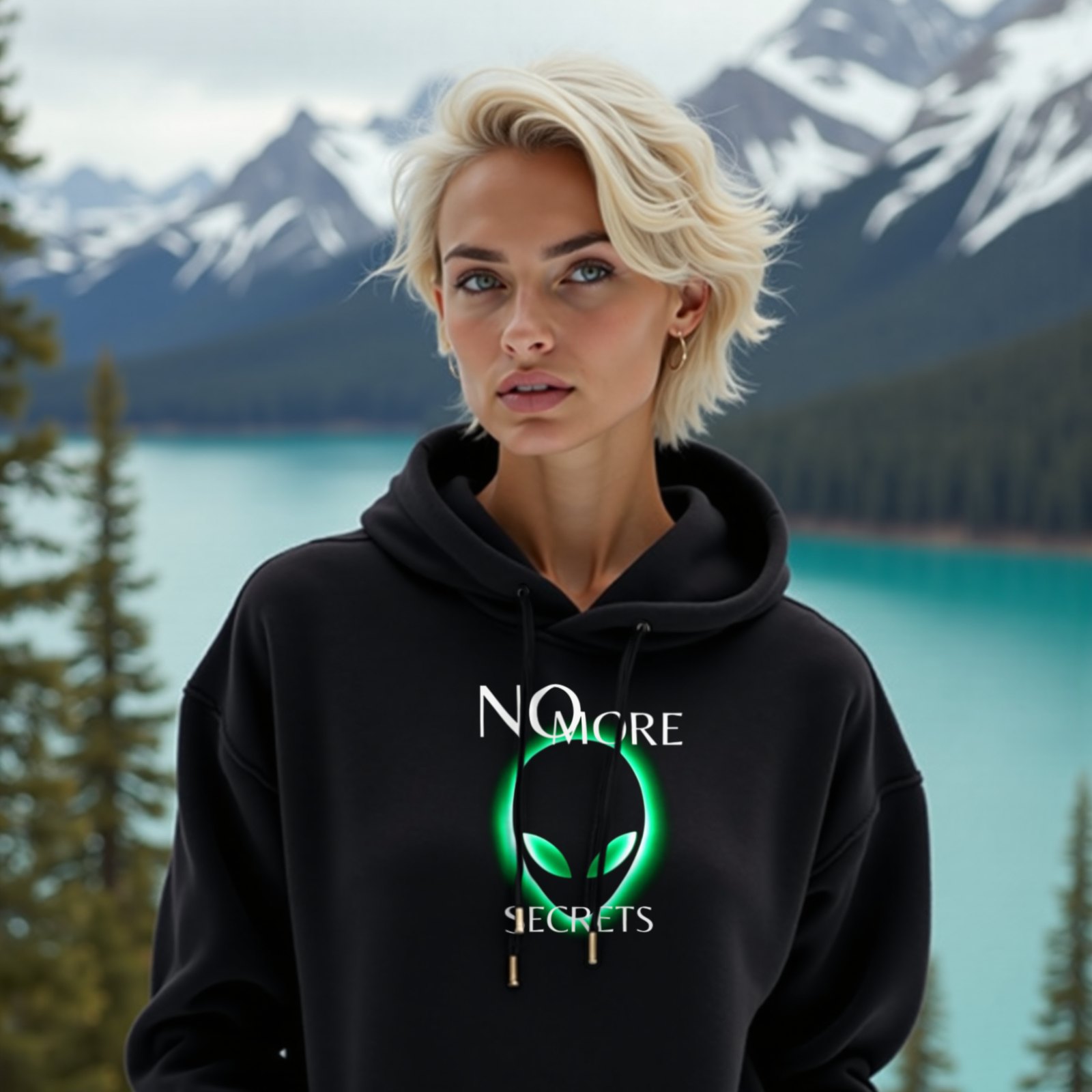 No More Secrets Green Glow Alien Face hoodie in Black, worn by a model (on a lookout above a turquoise alpine lake). AI-generated image: model and scene are AI-generated; the print is the real artwork.