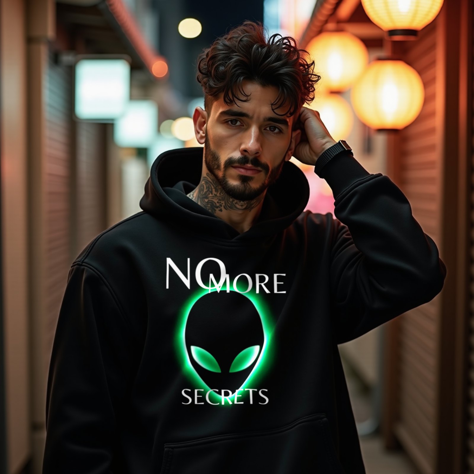 No More Secrets Green Glow Alien Face hoodie in Black, worn by a model (on a narrow Tokyo street at night). AI-generated image: model and scene are AI-generated; the print is the real artwork.