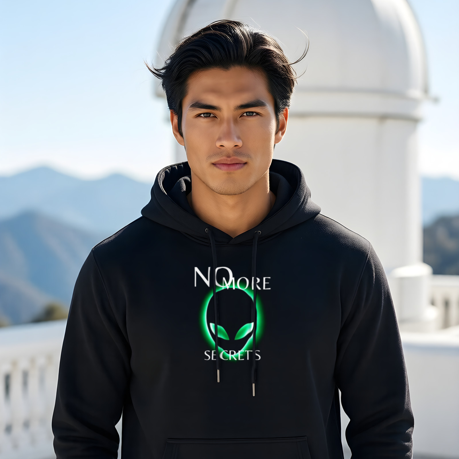 No More Secrets Green Glow Alien Face hoodie in Black, worn by a model (on the white stone terrace of a mountain-top observatory on a bright clear day).