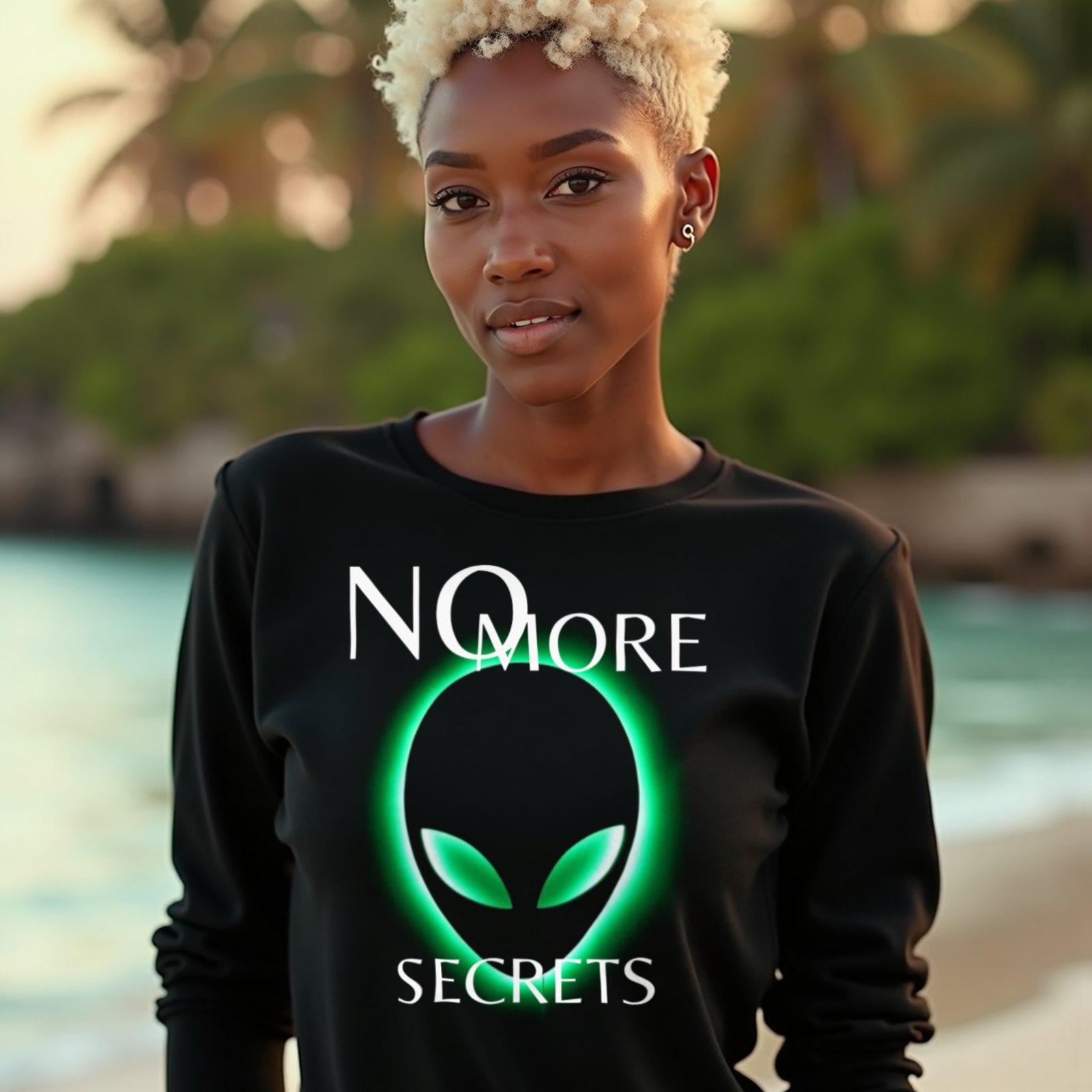 No More Secrets Green Glow Alien Face long-sleeve T-shirt in Black, worn by a model (on a tropical beach at golden hour). AI-generated image: model and scene are AI-generated; the print is the real artwork.