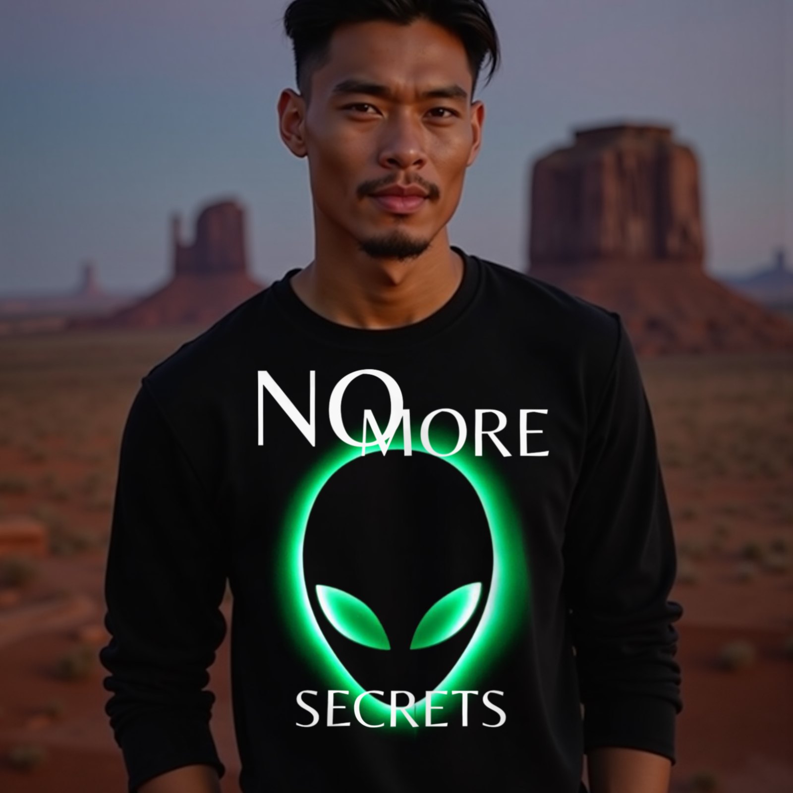 No More Secrets Green Glow Alien Face long-sleeve T-shirt in Black, worn by a model (in Monument Valley at dusk). AI-generated image: model and scene are AI-generated; the print is the real artwork.