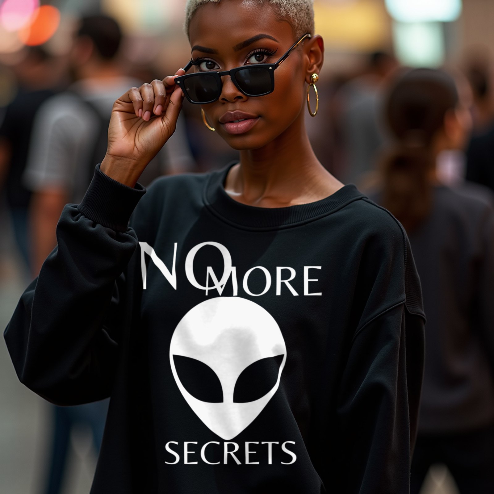 No More Secrets Kapustin Yar crewneck sweatshirt in Black, worn by a model (in a busy science-fiction fan convention hall). AI-generated image: model and scene are AI-generated; the print is the real artwork.