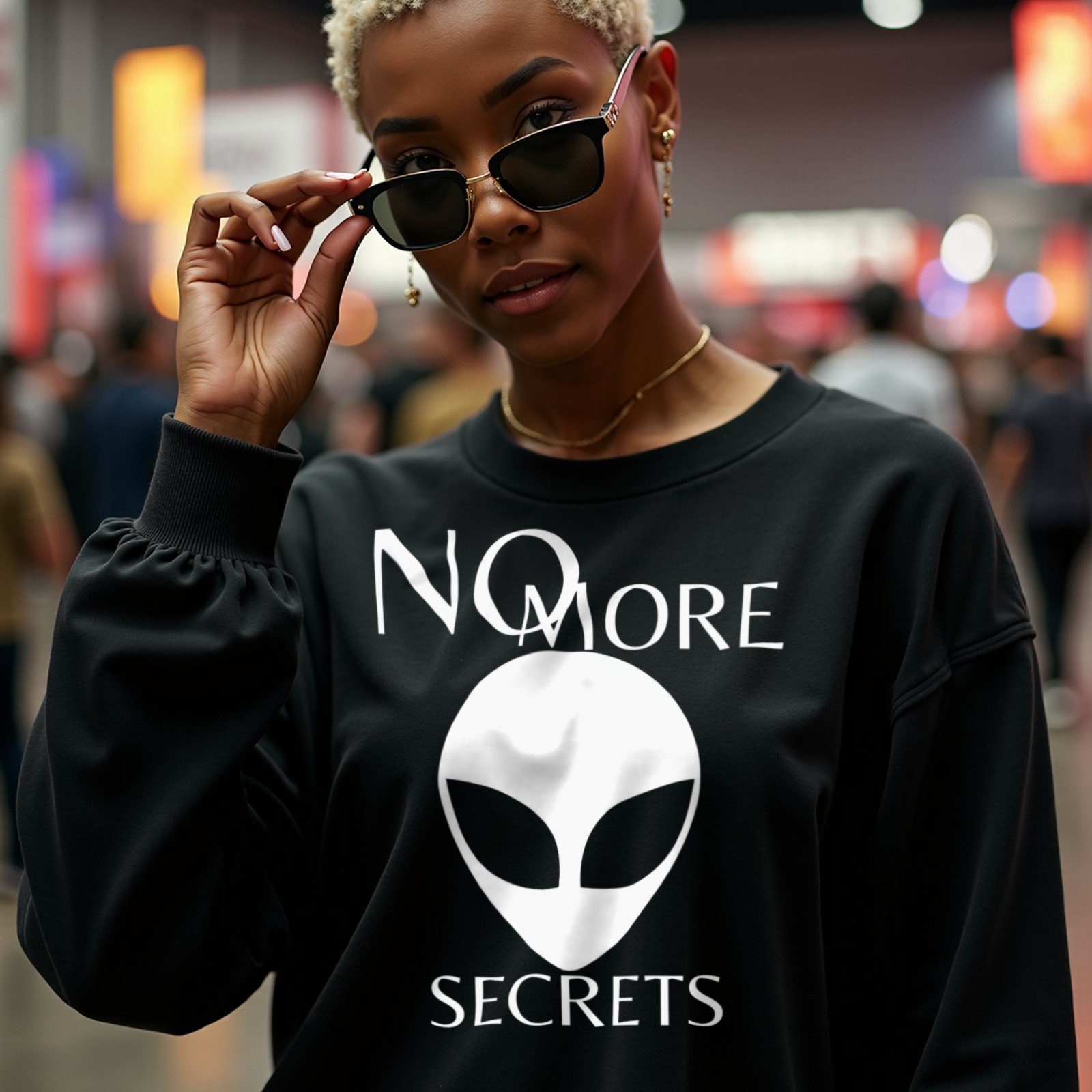 No More Secrets Pine Gap crewneck sweatshirt in Black, worn by a model (in a busy science-fiction fan convention hall). AI-generated image: model and scene are AI-generated; the print is the real artwork.