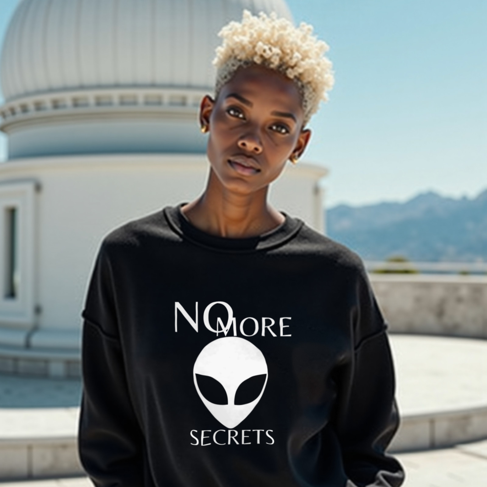 No More Secrets Pine Gap crewneck sweatshirt in Black, worn by a model (on the white stone terrace of a mountain-top observatory on a bright clear day). AI-generated image: model and scene are AI-generated; the print is the real artwork.