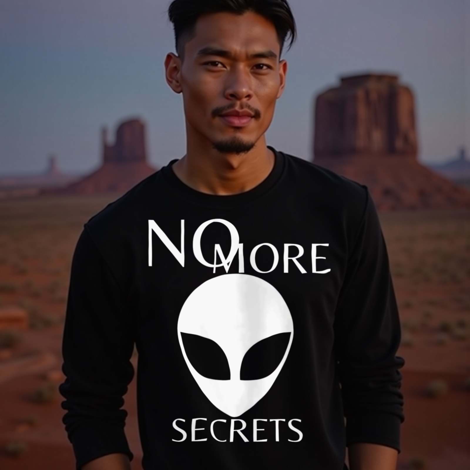 No More Secrets Porton Down long-sleeve T-shirt in Black, worn by a model (in Monument Valley at dusk). AI-generated image: model and scene are AI-generated; the print is the real artwork.