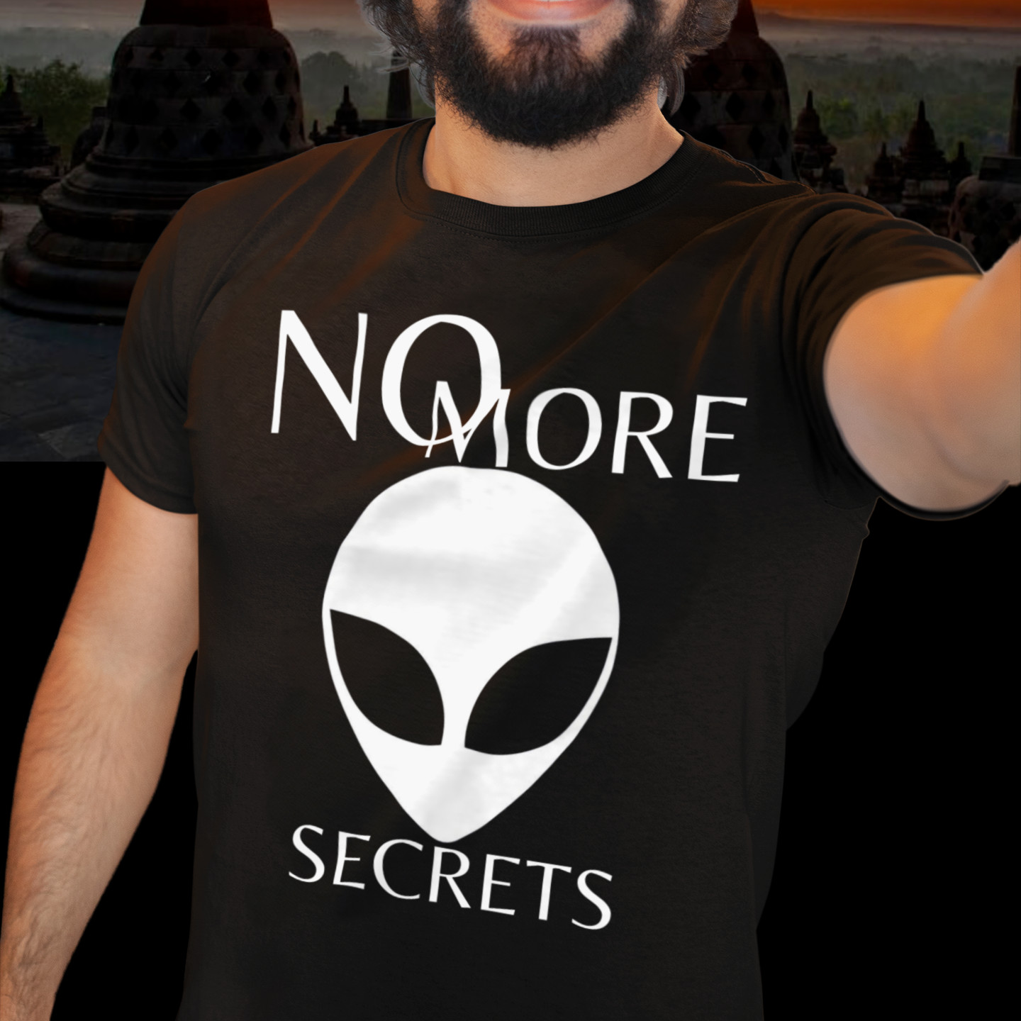 No More Secrets Porton Down T-shirt in Black, front print, worn by a model (temple at sunset). AI-edited photo: the real print artwork was digitally placed on a model photo.