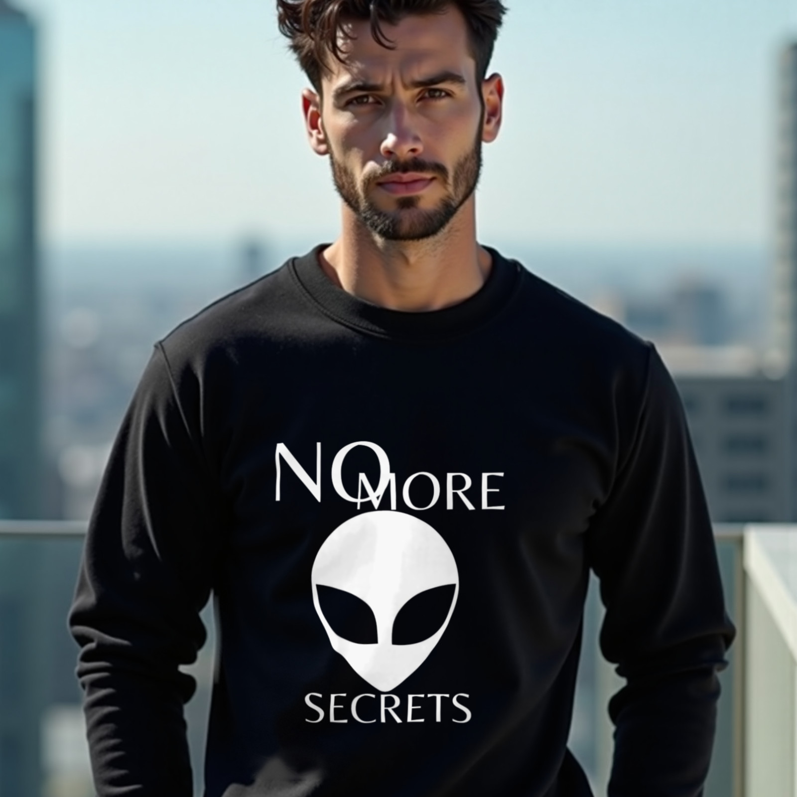 No More Secrets South China Sea crewneck sweatshirt in Black, worn by a model (on a rooftop terrace above a modern city skyline on a clear day). AI-generated image: model and scene are AI-generated; the print is the real artwork.