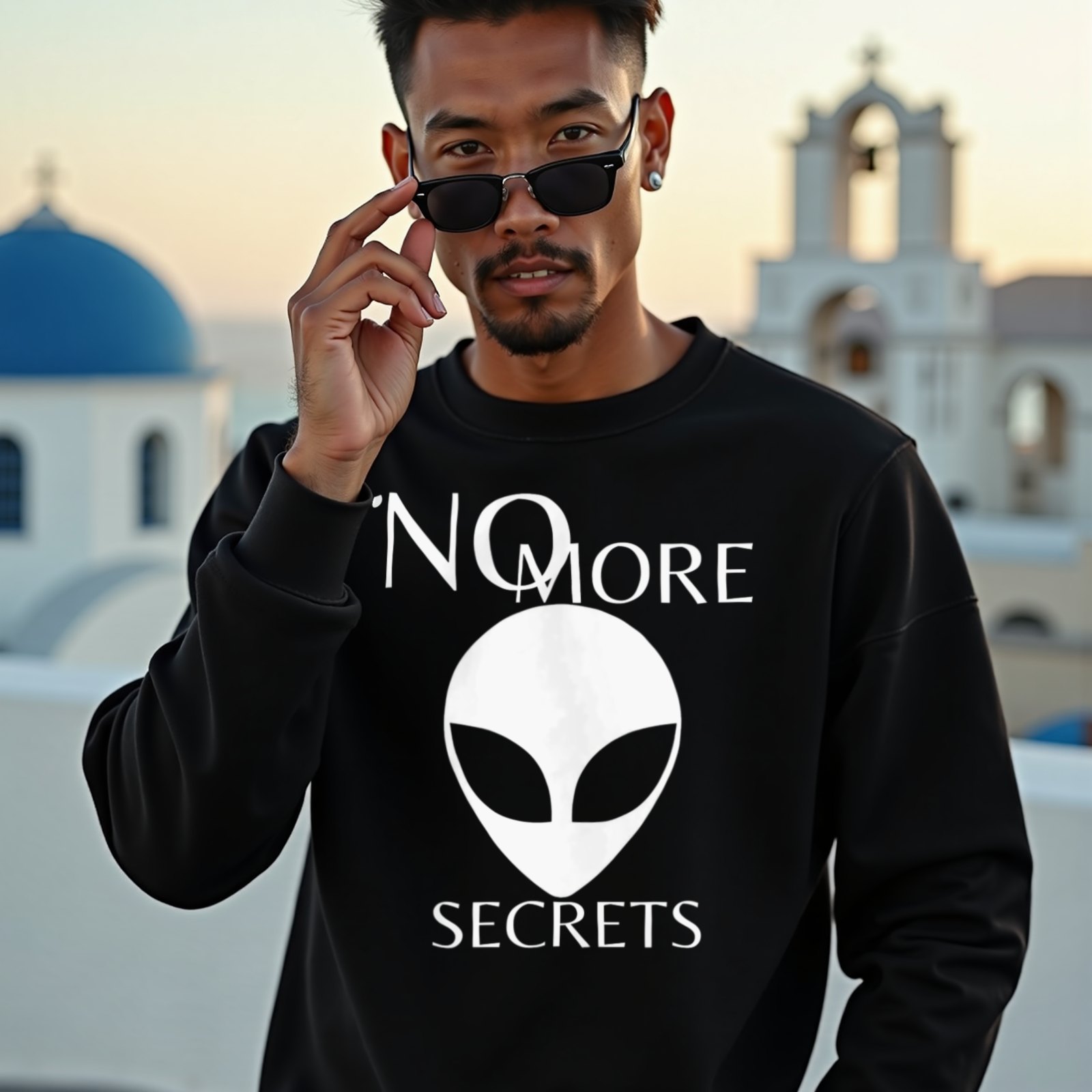 No More Secrets South China Sea crewneck sweatshirt in Black, worn by a model (on a whitewashed Santorini terrace at golden hour). AI-generated image: model and scene are AI-generated; the print is the real artwork.